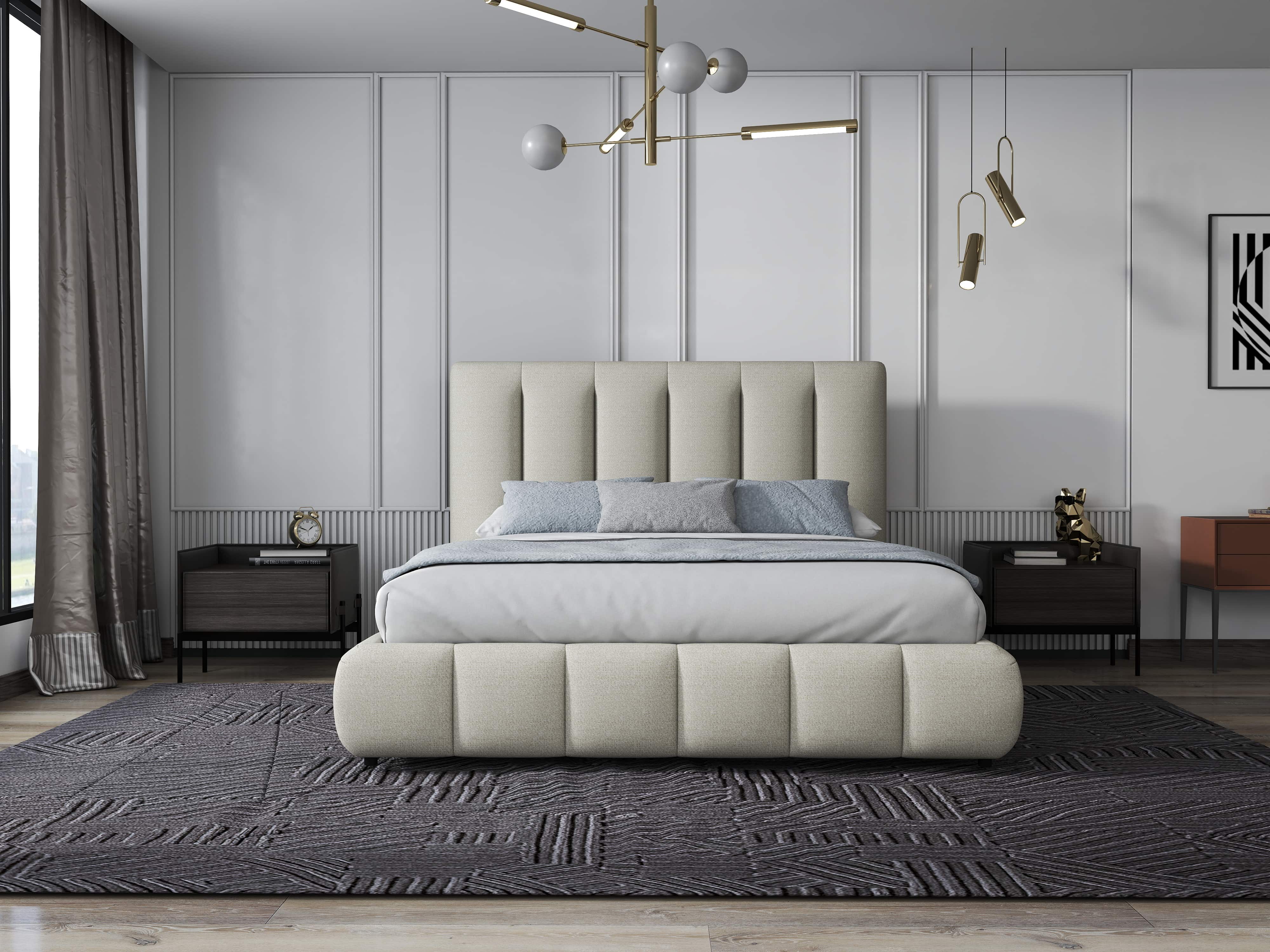 Pat dormitor dumonde, tapitat gri, Divaneo 160x200 cm, somiera rabatabila inclusa, spatiu depozitare
