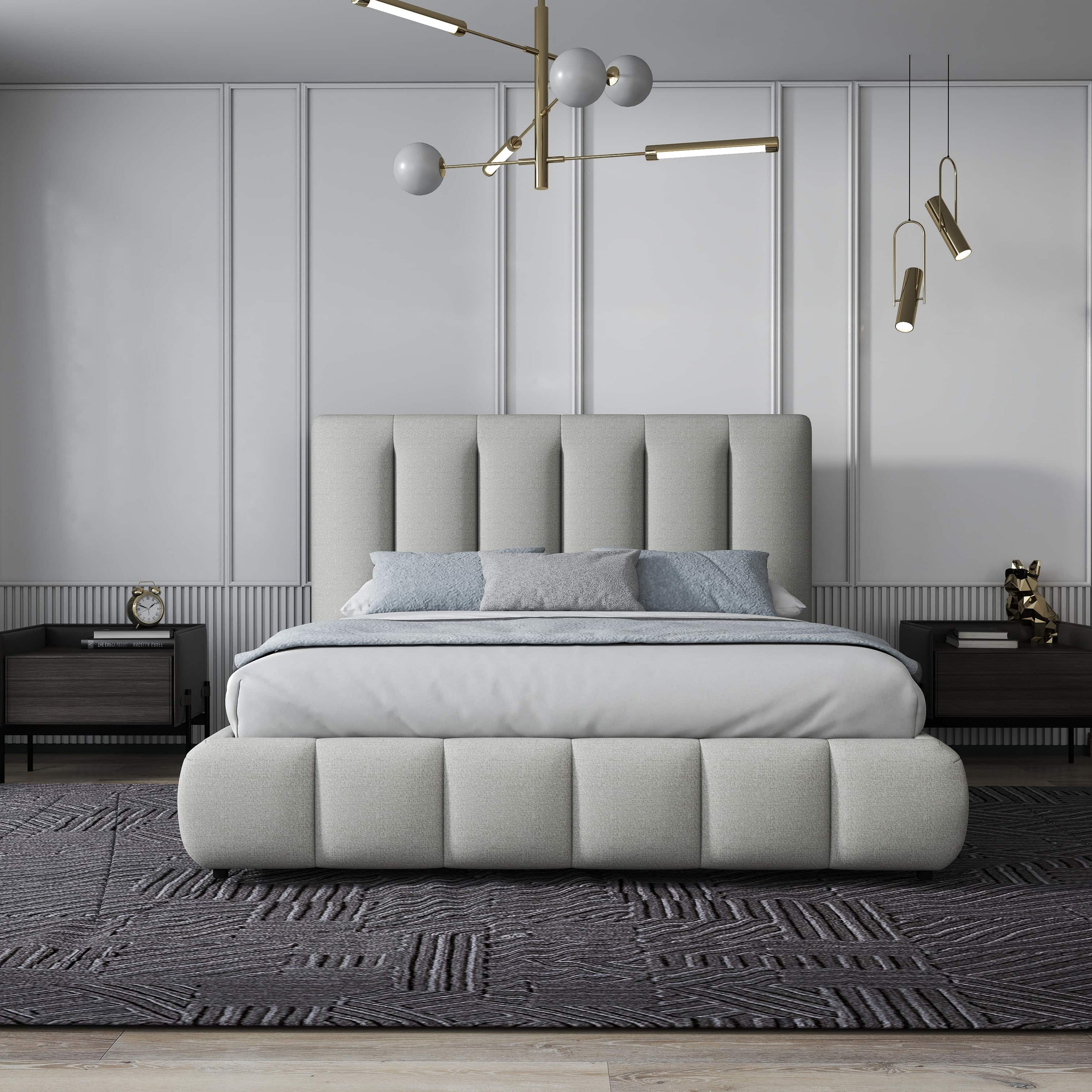 Pat dormitor dumonde, tapitat gri, Divaneo 160x200 cm, somiera rabatabila inclusa, spatiu depozitare
