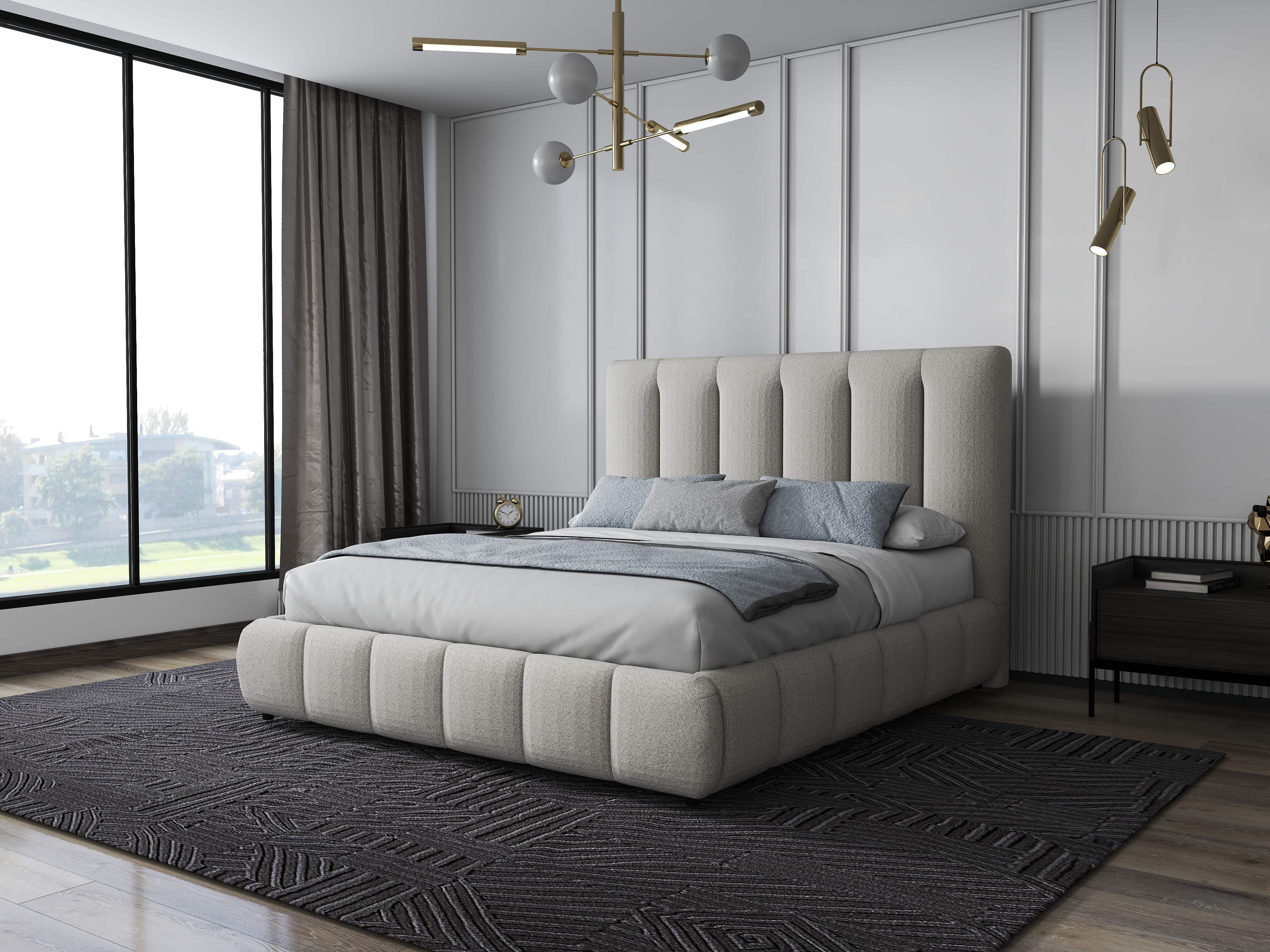 Pat dormitor dumonde, tapitat gri, Divaneo 180x200 cm, somiera rabatabila inclusa, spatiu depozitare