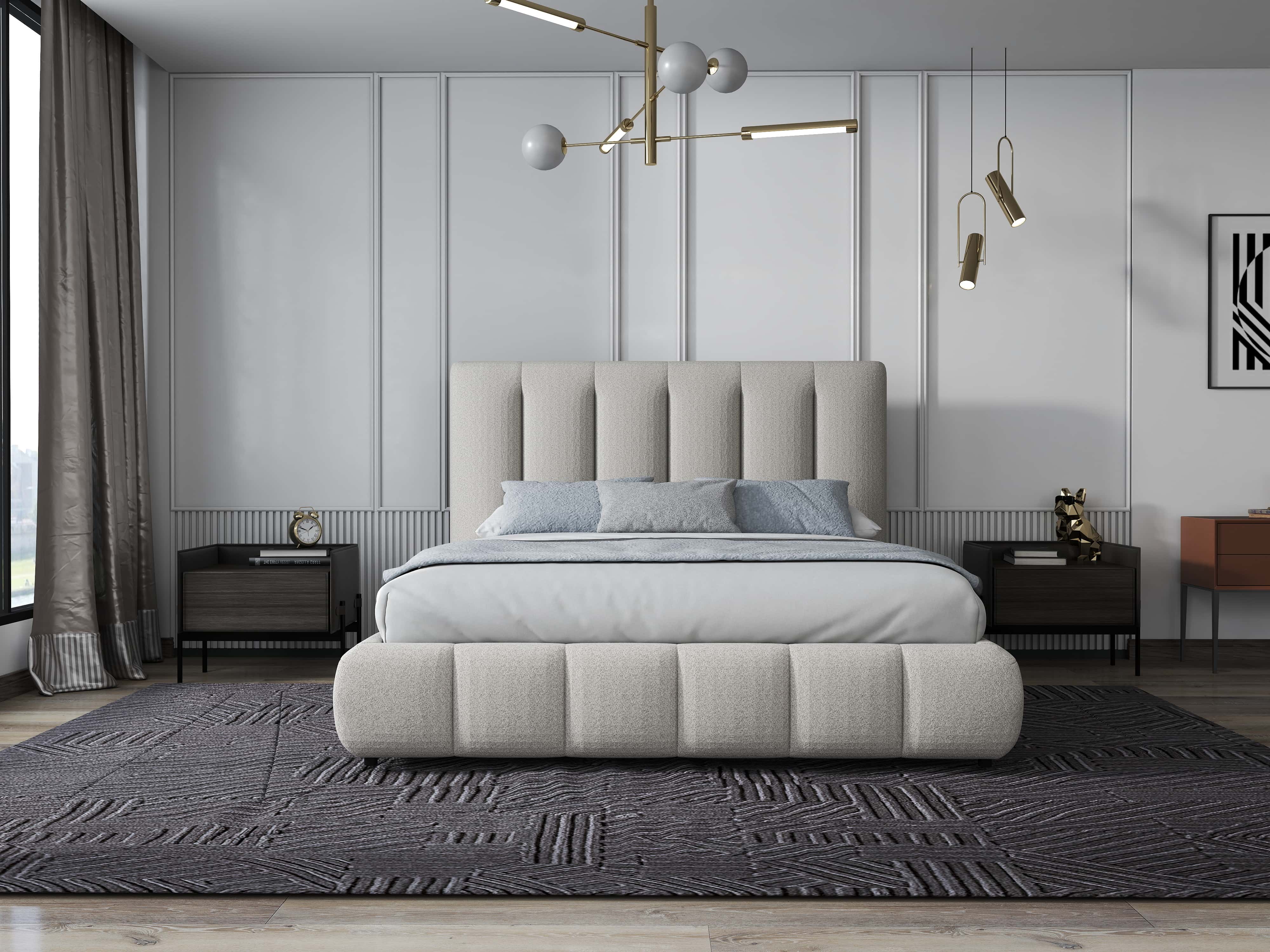 Pat dormitor dumonde, tapitat gri, Divaneo 180x200 cm, somiera rabatabila inclusa, spatiu depozitare