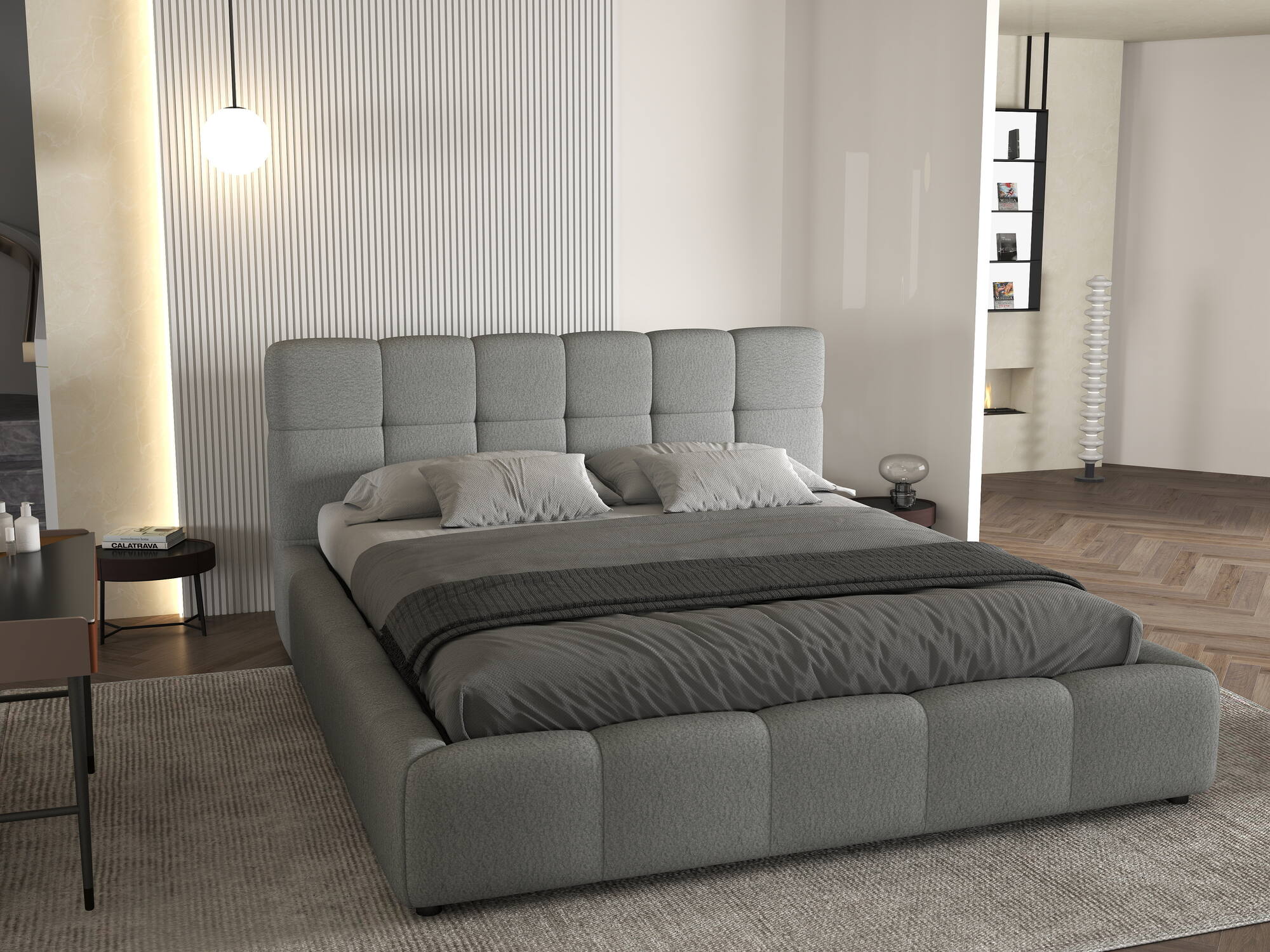 Pat dormitor dumonde, tapitat gri, Lorenzo 180X200 cm, somiera rabatabila inclusa, spatiu depozitare