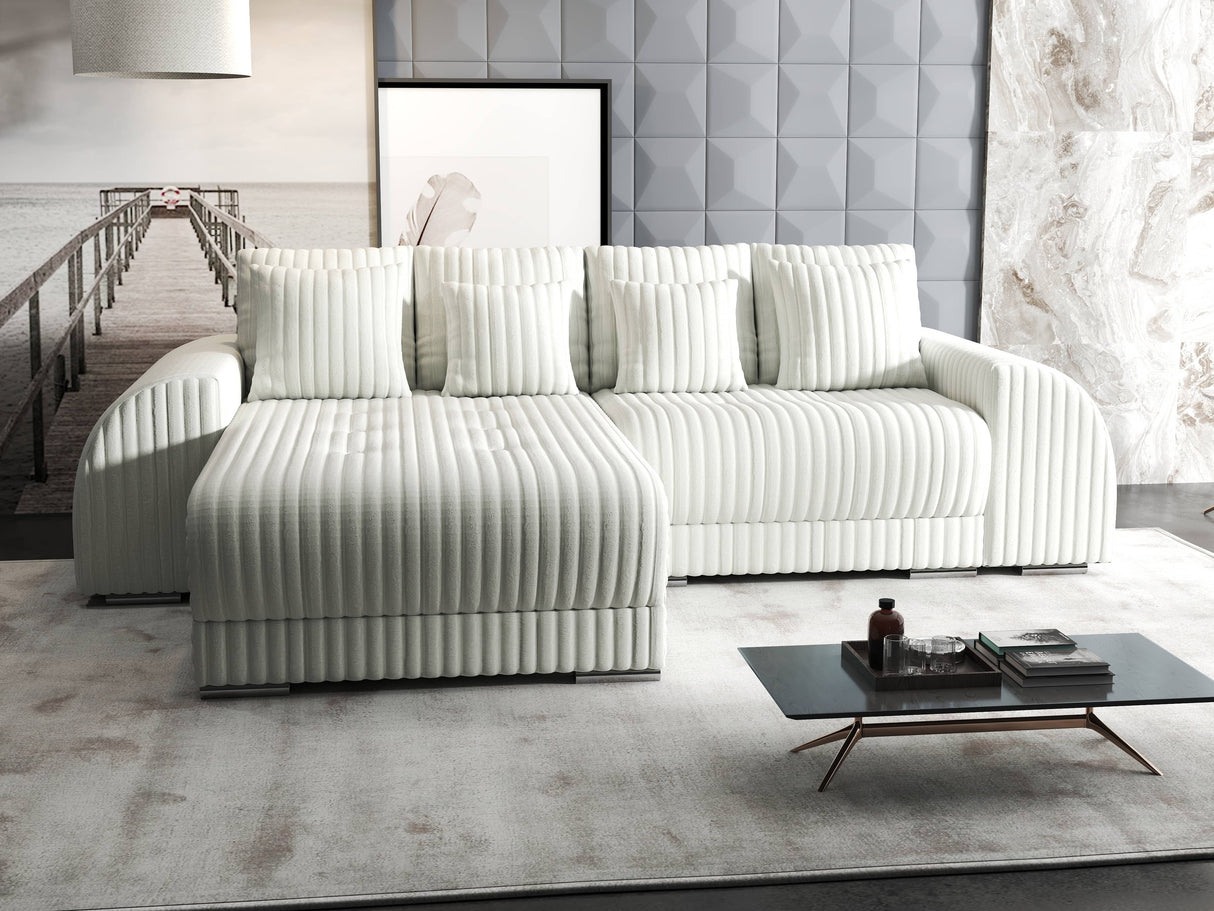 Colțar extensibil dumonde cu ladă de depozitare si sezut confortabil din spuma HR, Verona Ambience Alb 290x185 cm Fabrica