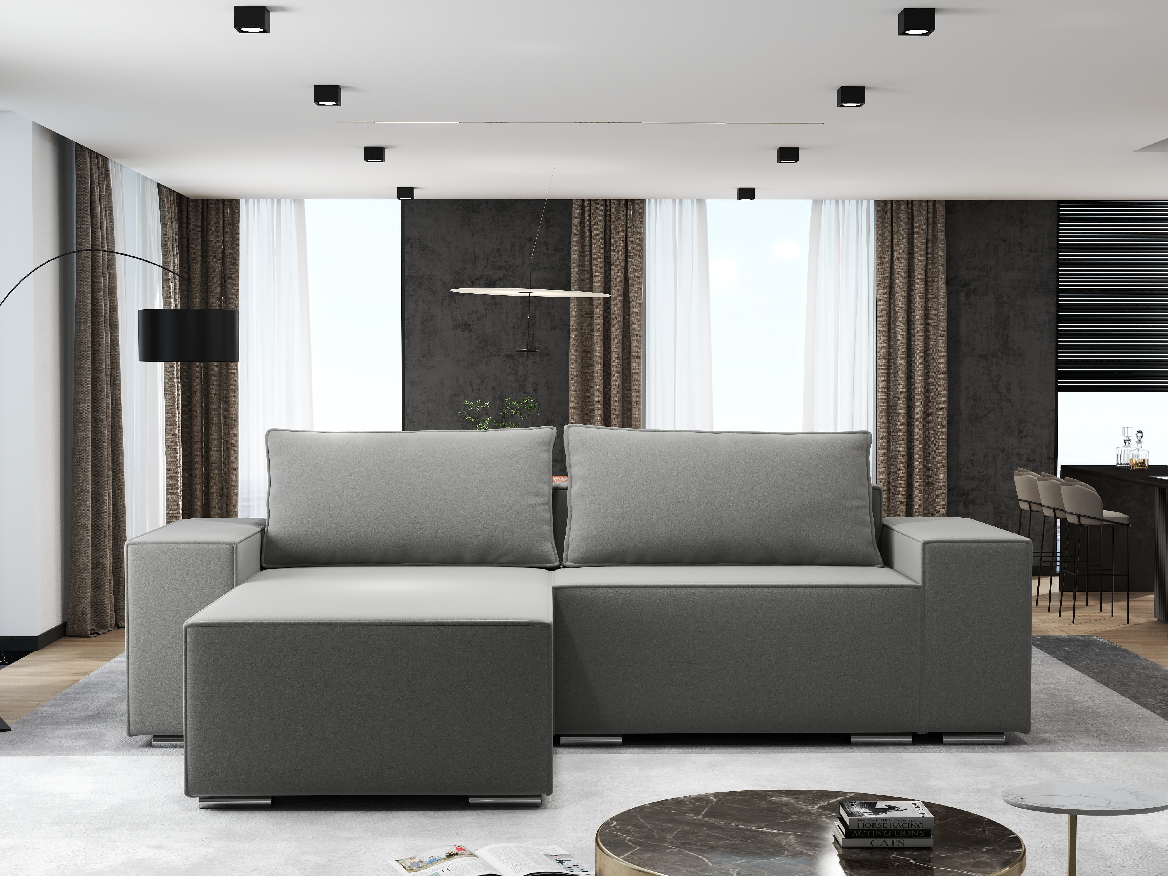 Colțar extensibil dumonde cu ladă de depozitare si sezut confortabil din spuma HR, Dream Royal Gri 290x185 cm Fabrica