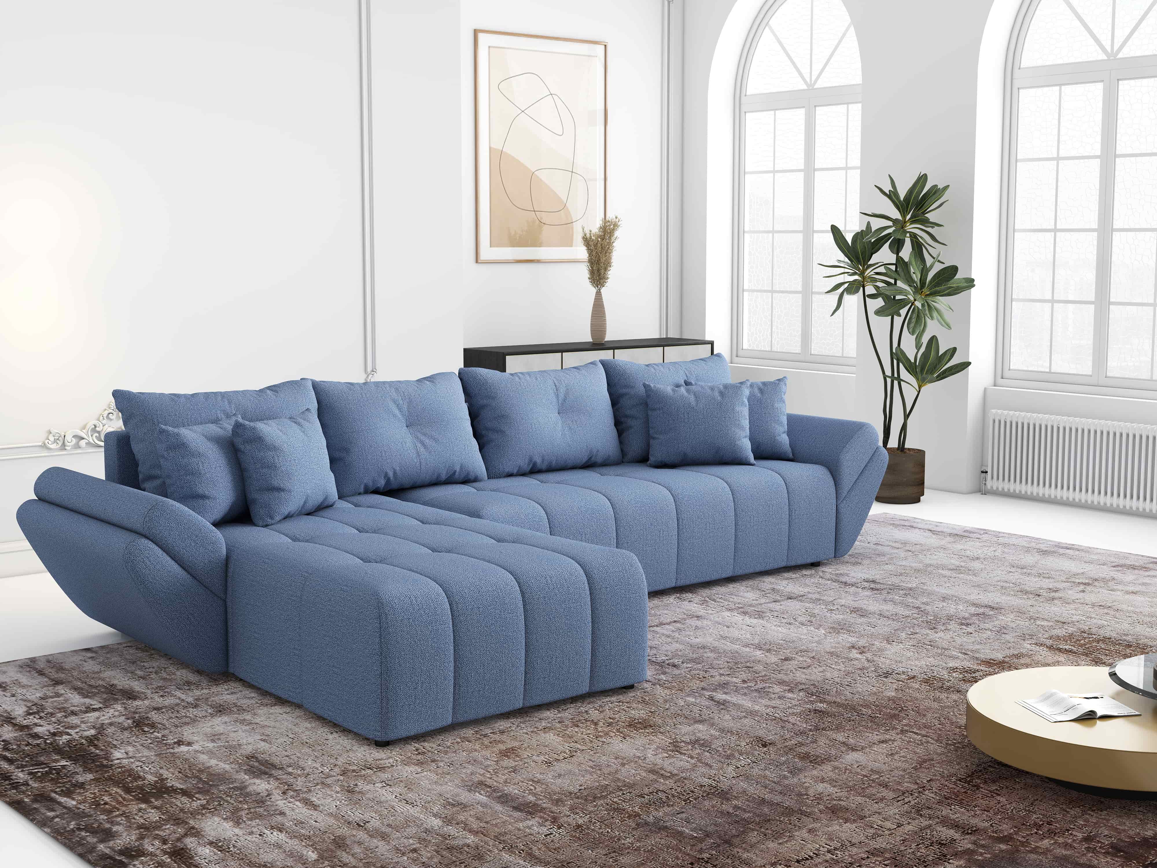 Colțar extensibil dumonde cu ladă de depozitare si sezut confortabil din spuma HR, Berlin XL Enjoy Lux Blue 350x185 cm Fabrica
