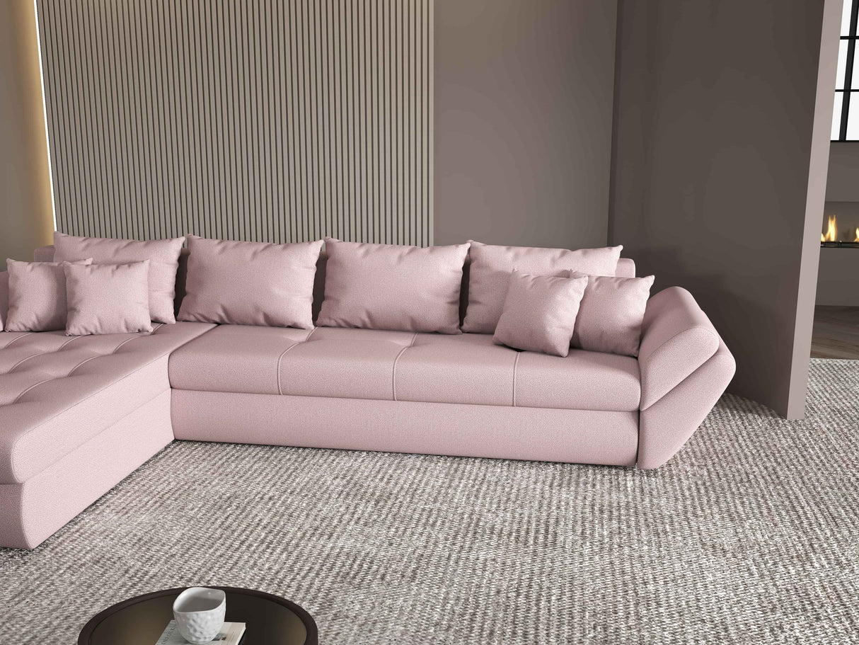 Colțar extensibil dumonde cu ladă de depozitare si sezut confortabil din spuma HR, Loana XL Enjoy Roz 335x185 cm Fabrica