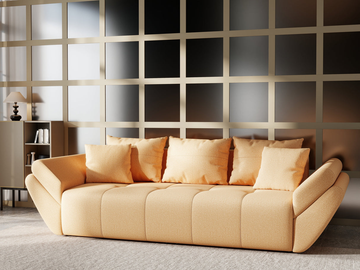 Canapea extensibilă dumonde cu ladă de depozitare si sezut confortabil din spuma HR, Berlin Mango 250x100 cm Fabrica