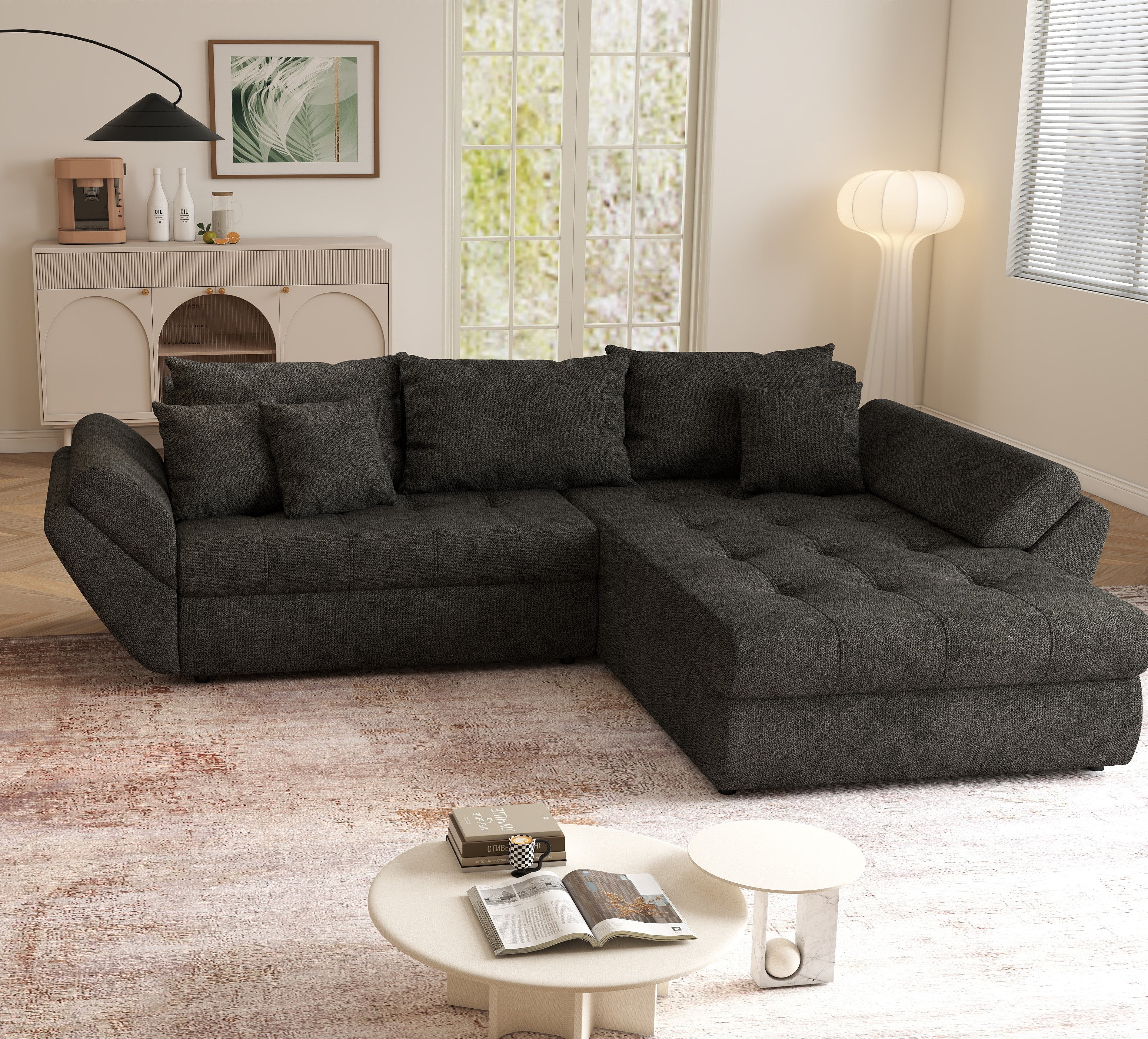 Colțar extensibil dumonde cu ladă de depozitare si sezut confortabil din spuma HR, Loana Negru 270x185 cm Fabrica