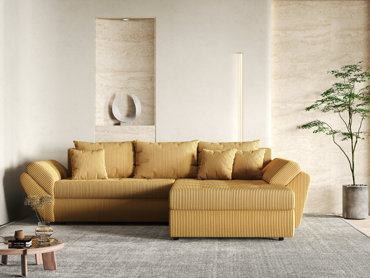 Colțar extensibil dumonde cu ladă de depozitare si sezut confortabil din spuma HR, Loana Mustar Zoom II 270x185 cm