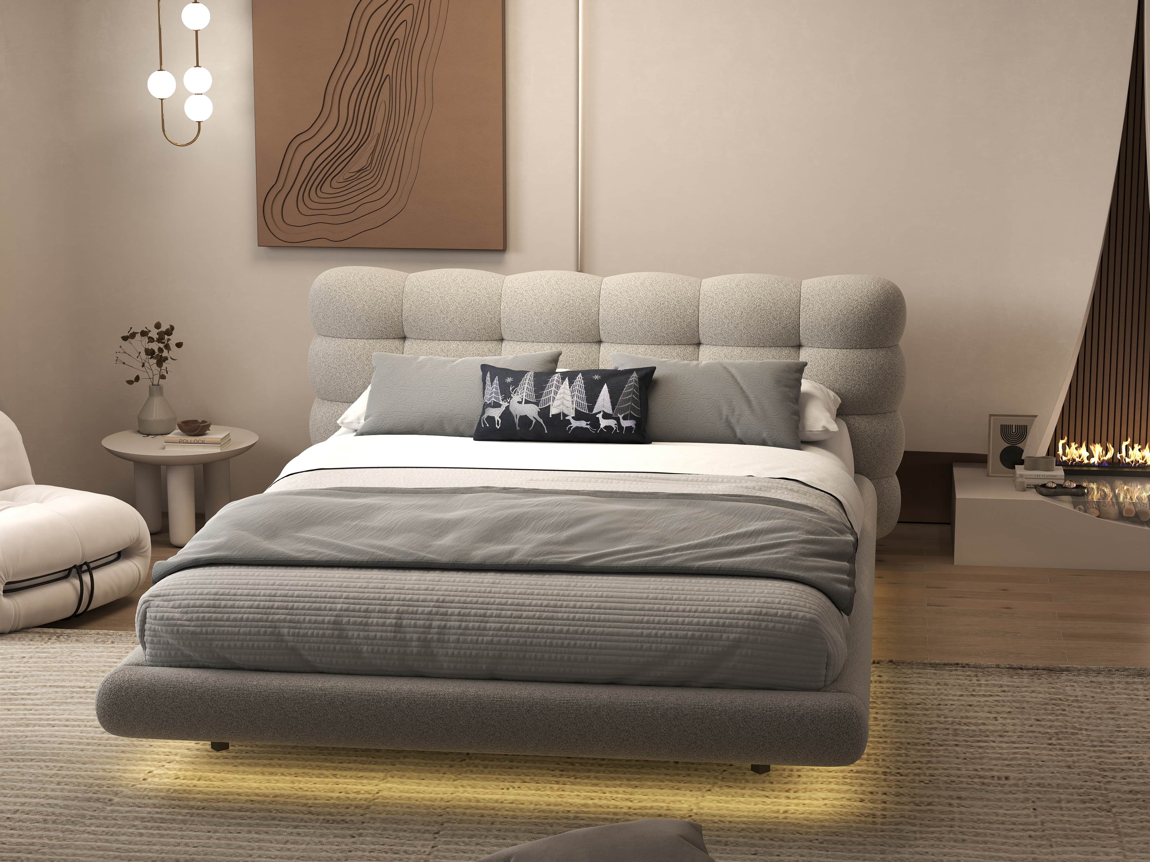 Pat dormitor dumonde, tapitat bej cu LED, "floating bed" Cloud 160x200 cm, somiera inclusa