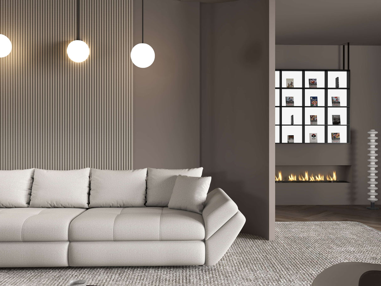 Canapea extensibilă dumonde cu ladă de depozitare si sezut confortabil din spuma HR, Loana Enjoy Bej 300x100 cm Fabrica
