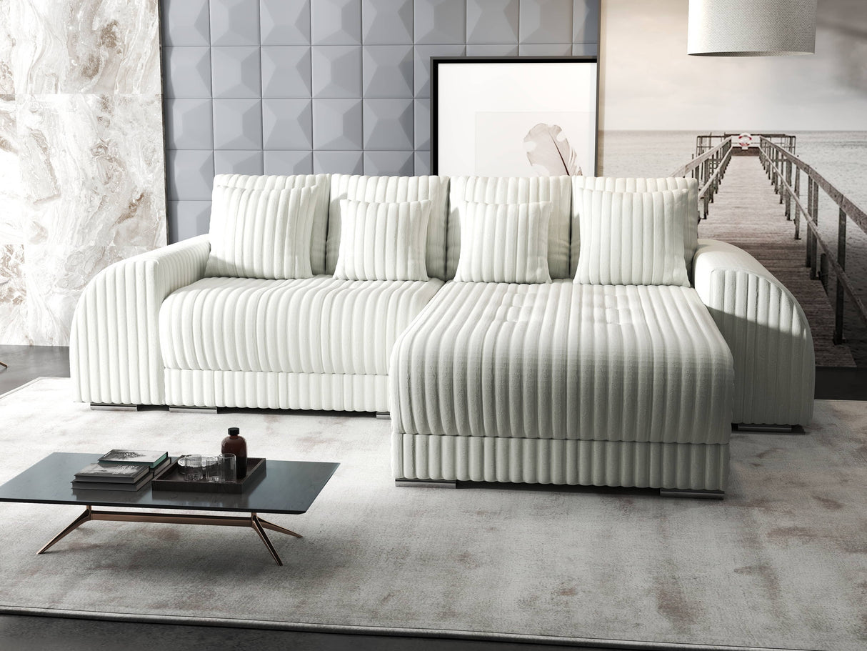 Colțar extensibil dumonde cu ladă de depozitare si sezut confortabil din spuma HR, Verona Ambience Alb II 290x185 cm Fabrica