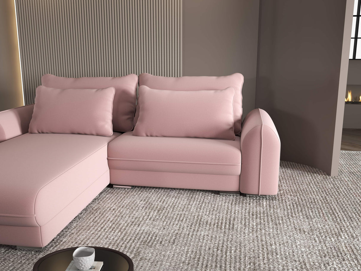 Colțar extensibil dumonde cu ladă de depozitare si sezut confortabil din spuma HR, Denver Royal Roz 275x185 cm Fabrica