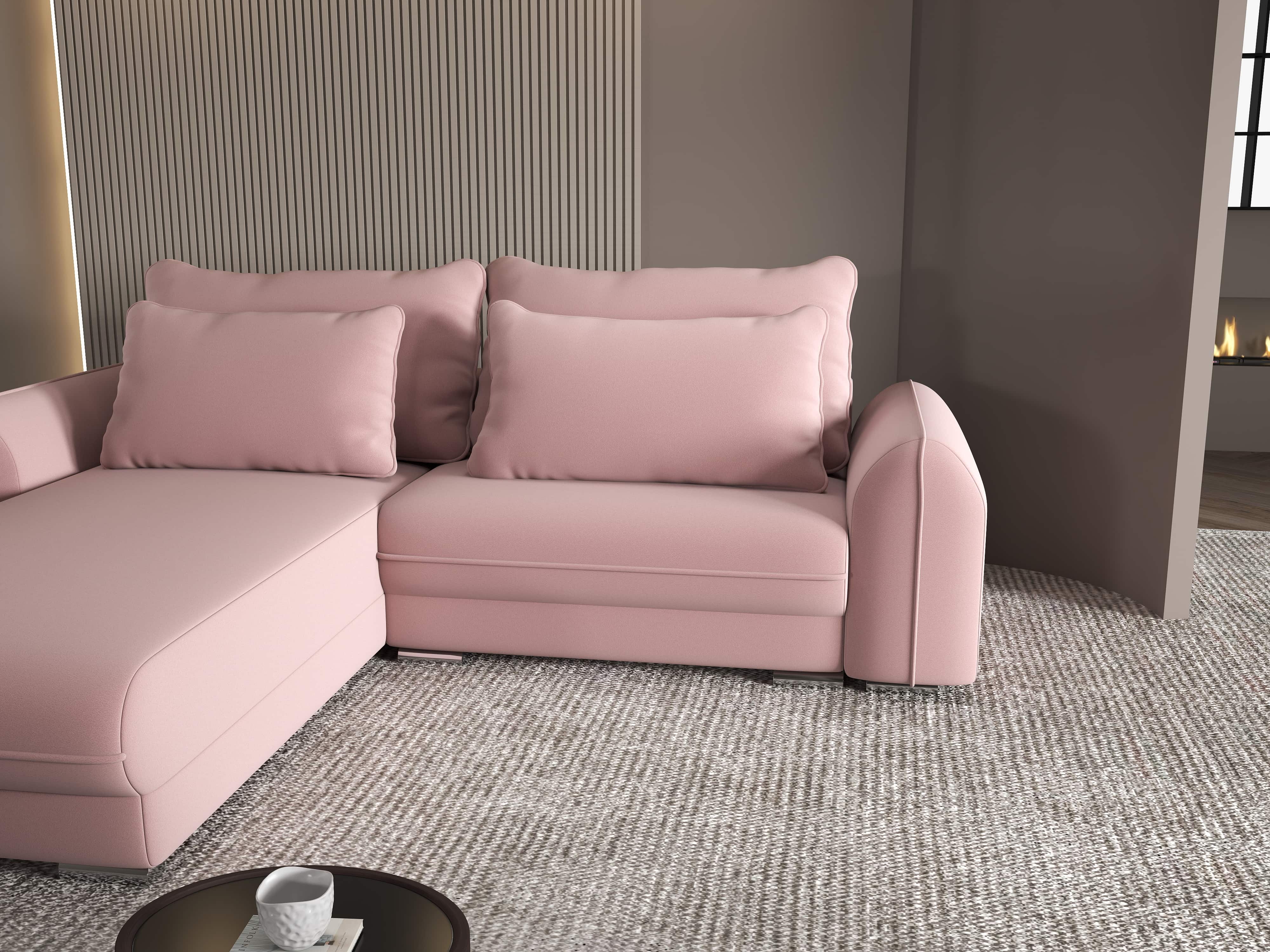 Colțar extensibil dumonde cu ladă de depozitare si sezut confortabil din spuma HR, Denver Royal Roz 275x185 cm Fabrica