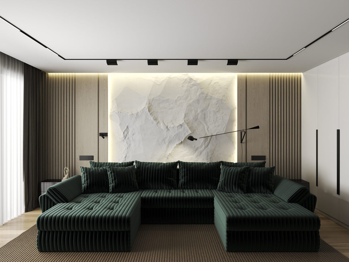 Colțar extensibil dumonde cu ladă de depozitare si sezut confortabil din spuma HR, Loana U Verde Ambience 355x185 cm Fabrica