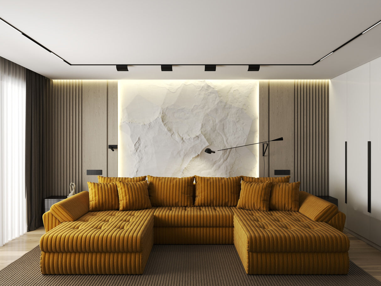Colțar extensibil dumonde cu ladă de depozitare si sezut confortabil din spuma HR, Loana U Mustar Ambience 355x185 cm Fabrica