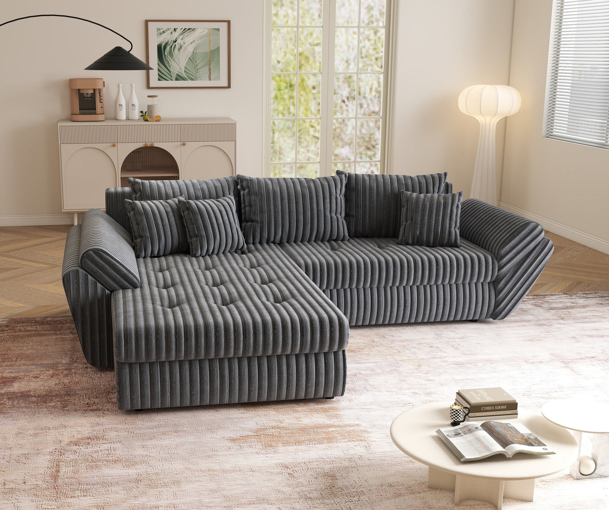 Colțar extensibil dumonde cu ladă de depozitare si sezut confortabil din spuma HR, Loana Gri Ambience 270x185 cm Fabrica