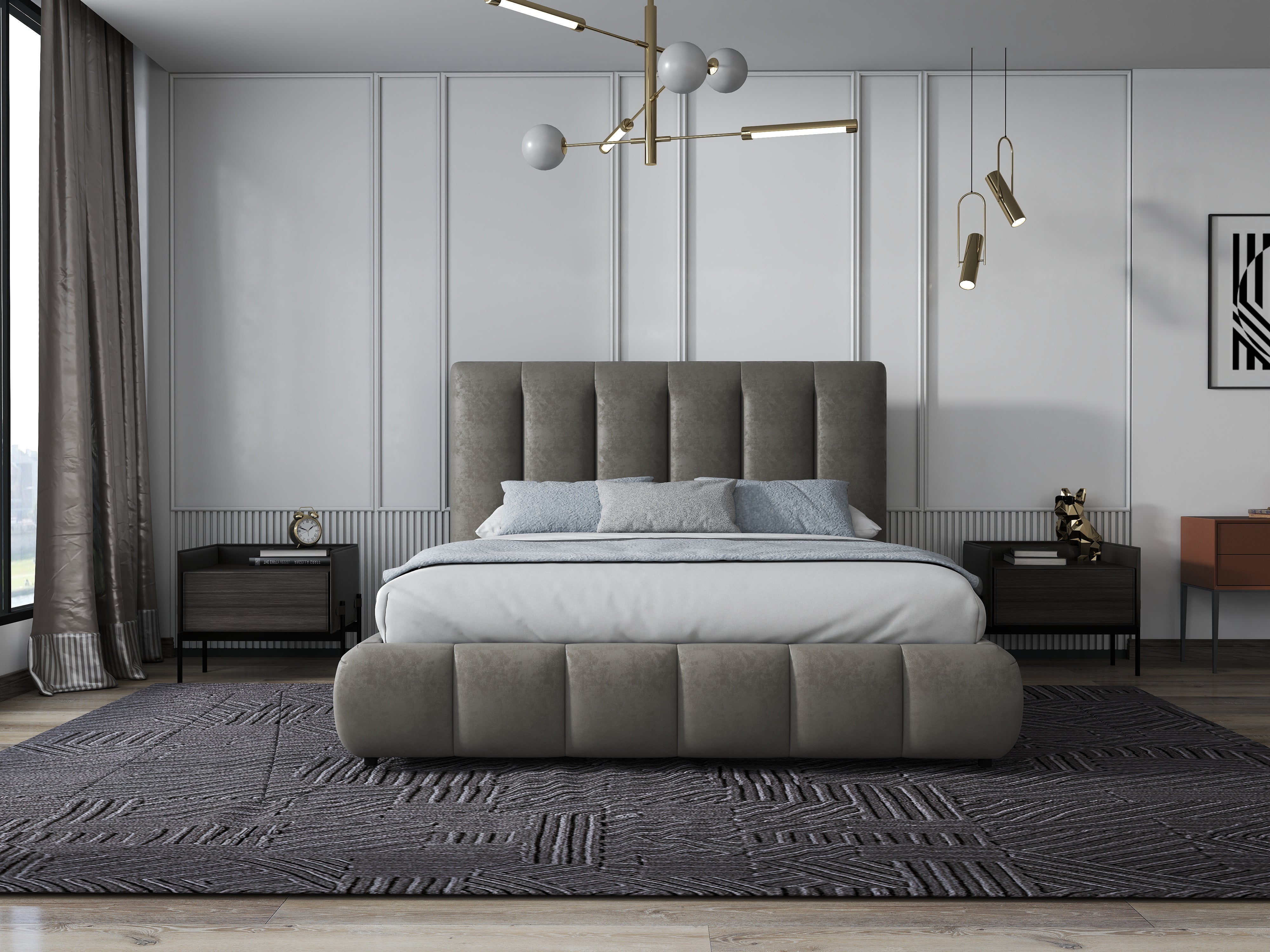 Pat dormitor dumonde, tapitat bej, Divaneo 180x200 cm, somiera rabatabila inclusa, spatiu depozitare WLS