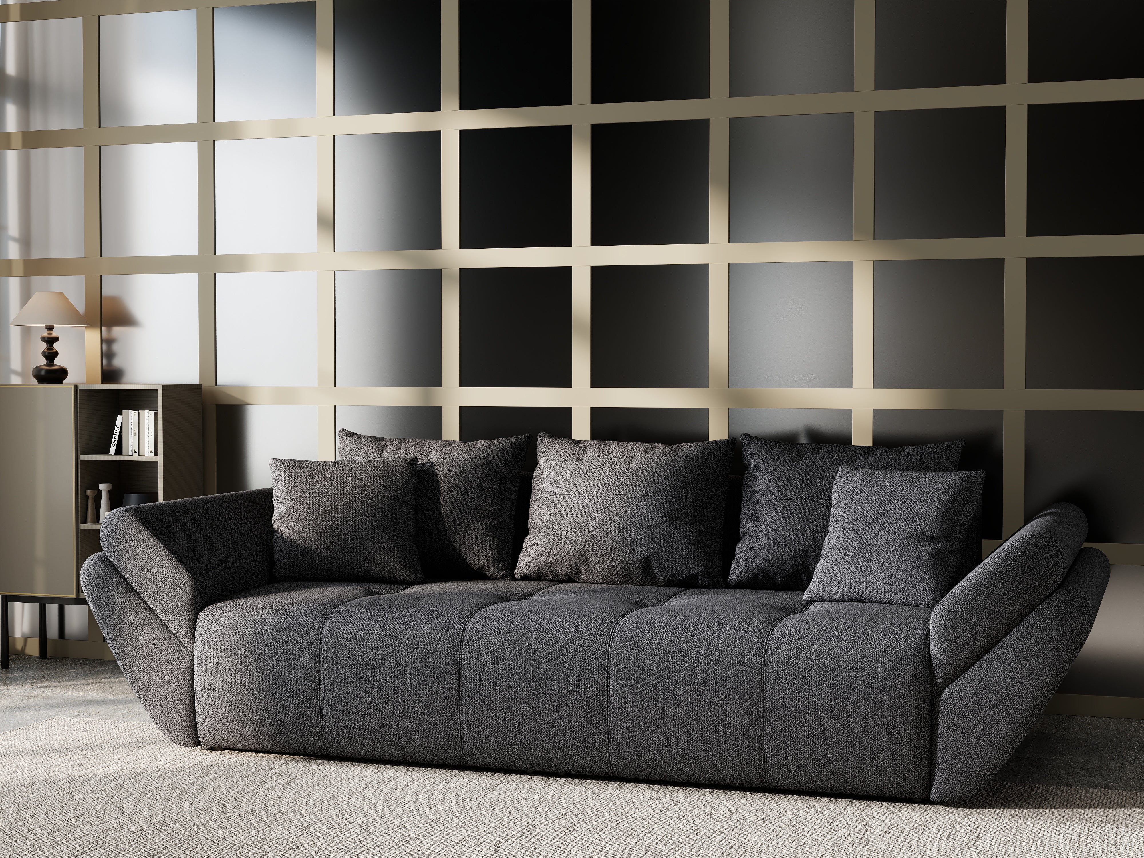Canapea extensibilă dumonde cu ladă de depozitare si sezut confortabil din spuma HR, Berlin Graphite 250x100 cm Fabrica