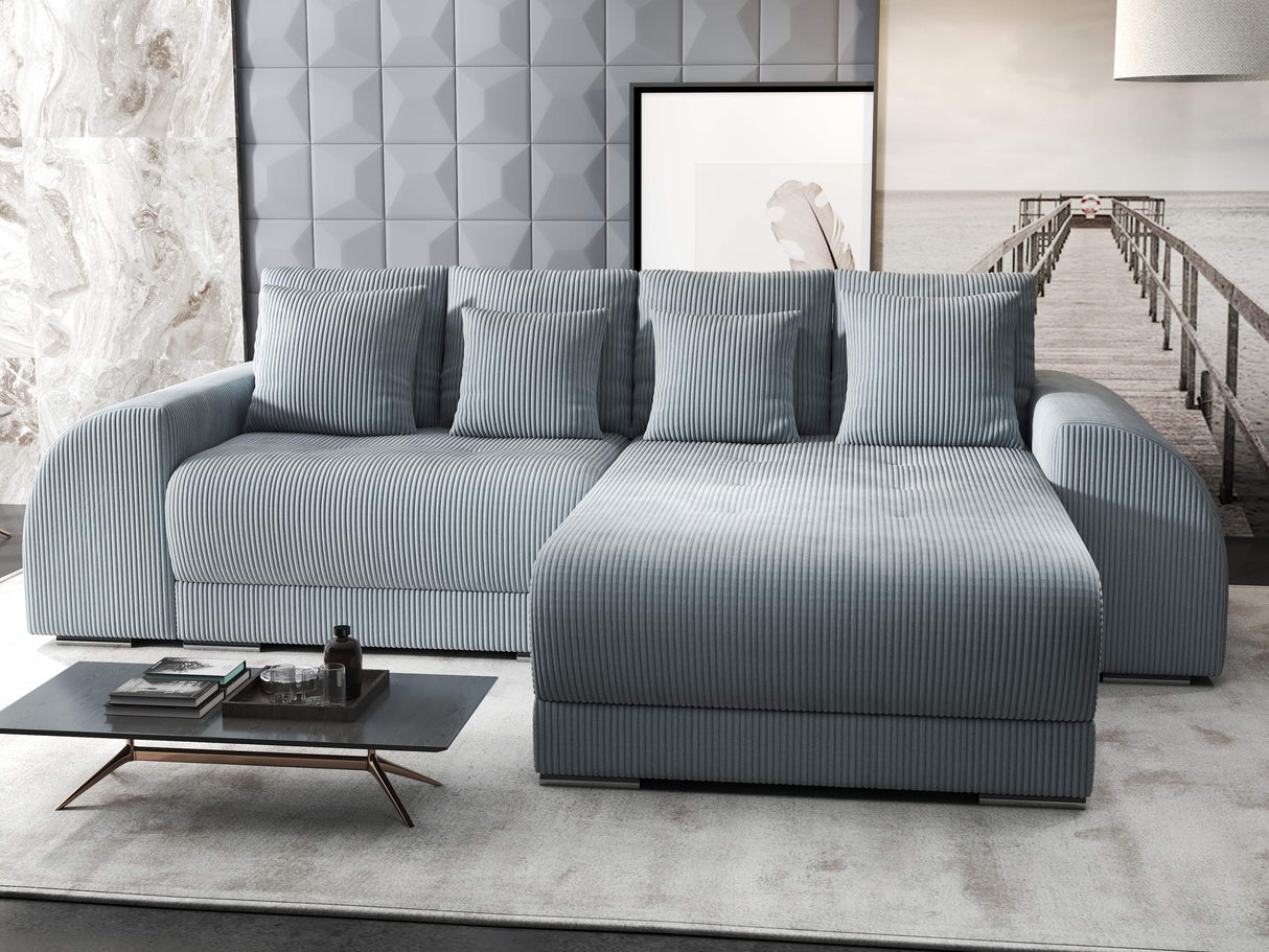 Colțar extensibil dumonde cu ladă de depozitare si sezut confortabil din spuma HR, Verona Zoom Gri Mint II 290x185 cm Fabrica