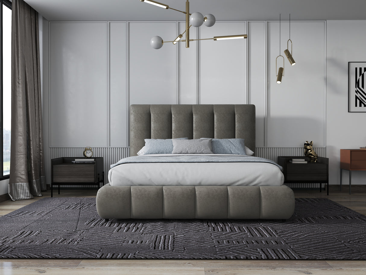 Pat dormitor dumonde, tapitat bej, Divaneo 140x200 cm, somiera rabatabila inclusa, spatiu depozitare