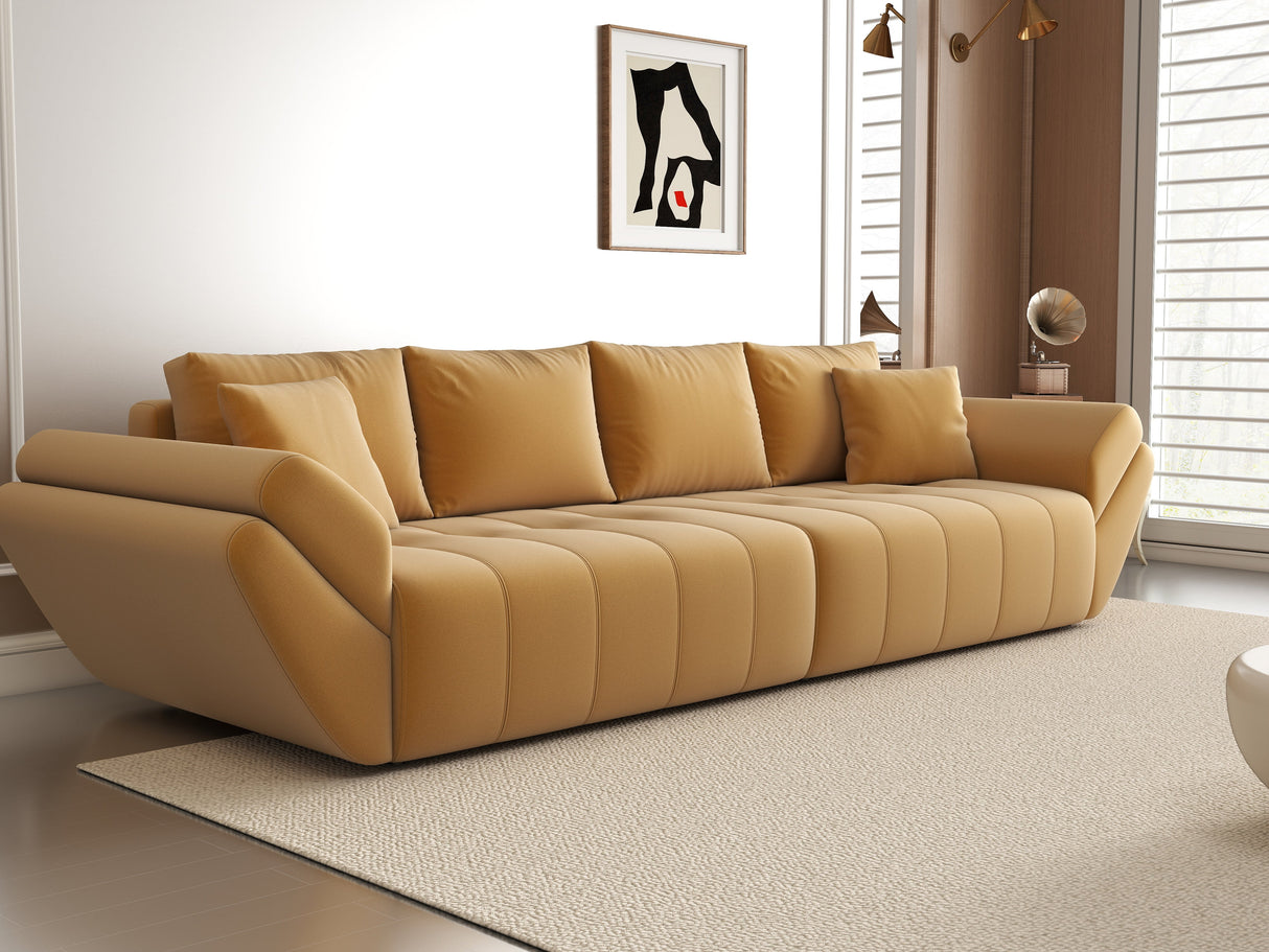Canapea extensibilă dumonde cu ladă de depozitare si sezut confortabil din spuma HR, Berlin Royal Mustar 300x100 cm Fabrica