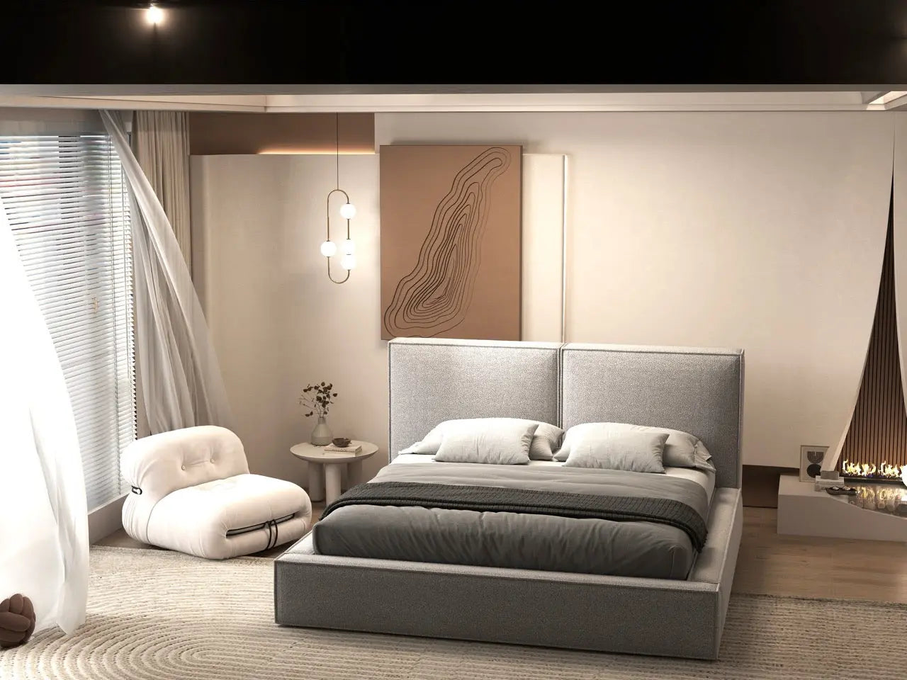 Pat dormitor dumonde, tapitat gri, Dreamer 160x200 cm, somiera rabatabila inclusa, spatiu depozitare WLS