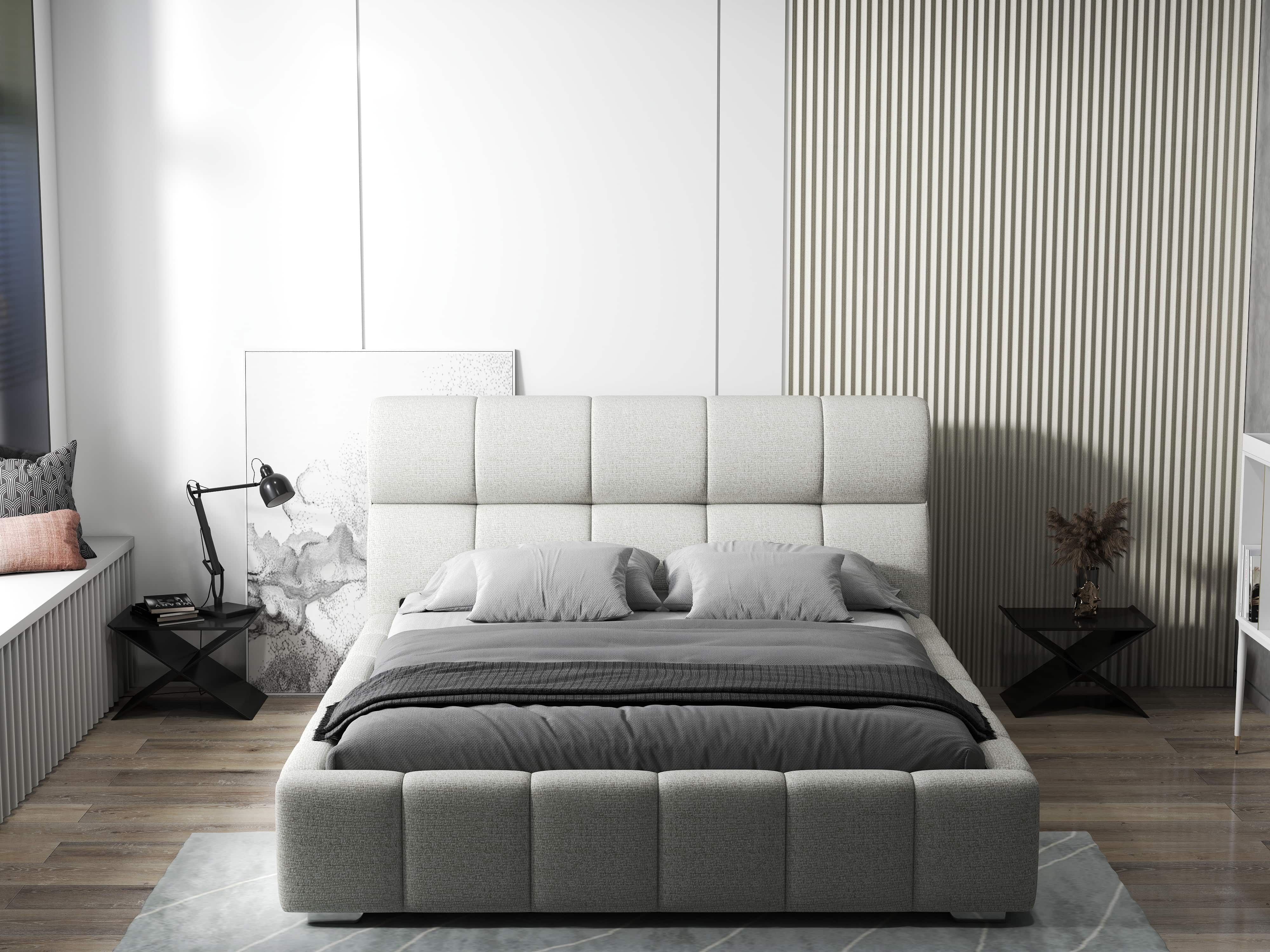 Pat dormitor dumonde, tapitat bej, Prestige 180x200 cm, somiera rabatabila inclusa, spatiu depozitare