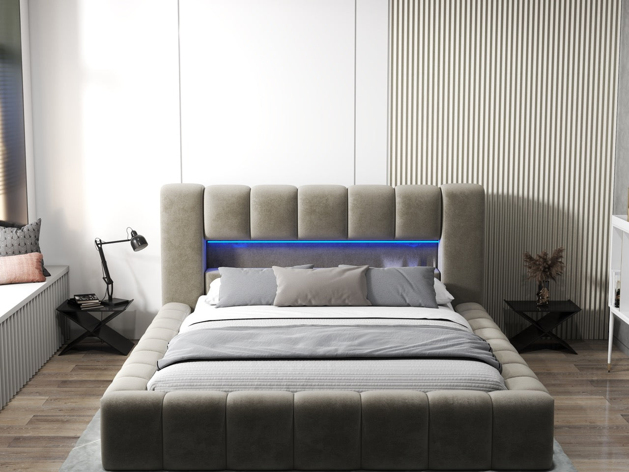 Pat dormitor dumonde, tapitat bej cu LED si USB, Palermo 160x200 cm, somiera rabatabila inclusa, spatiu depozitare WLS