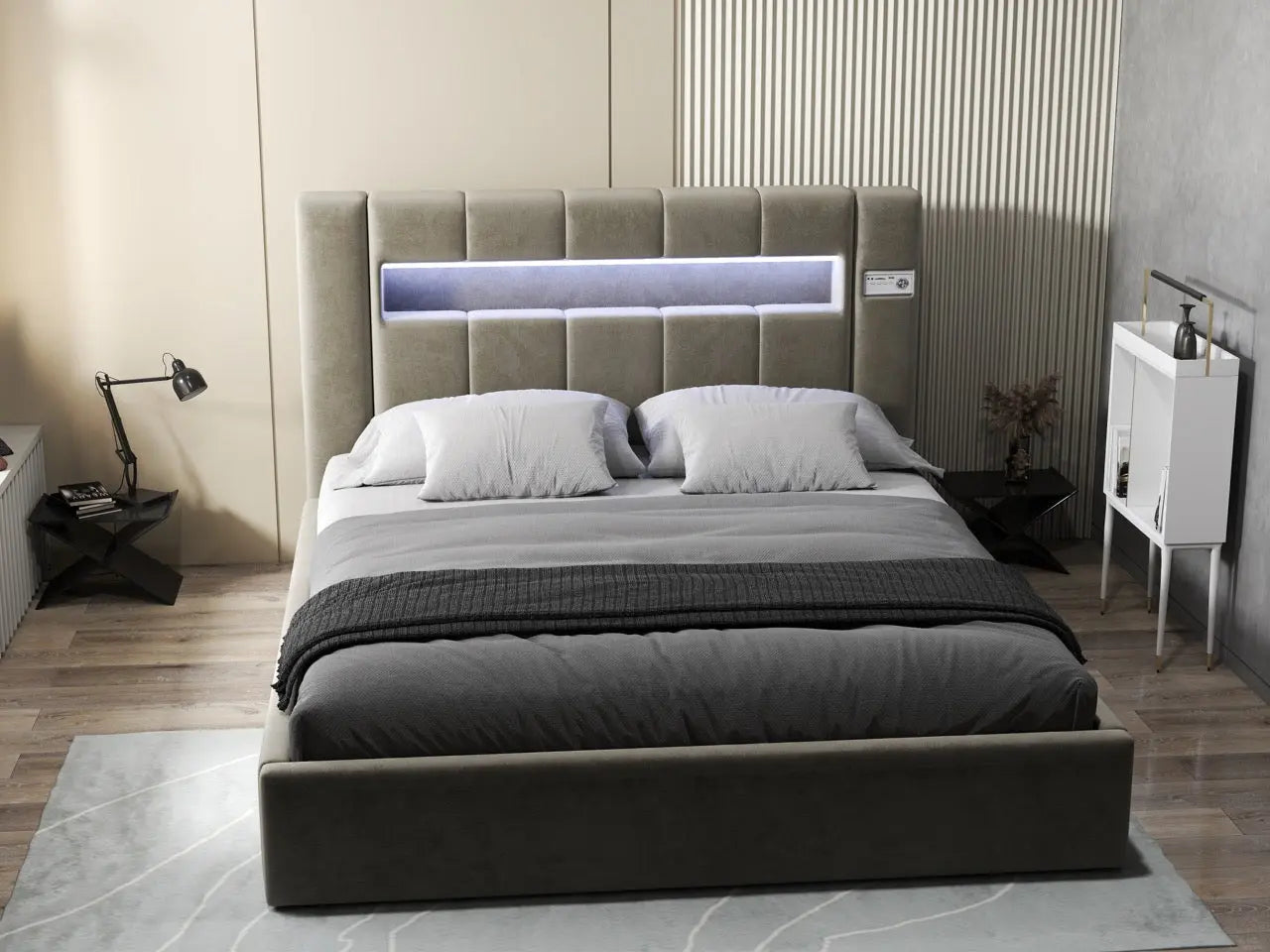 Pat dormitor dumonde, tapitat bej, Glow 180x200 cm, somiera rabatabila inclusa, spatiu depozitare WLS