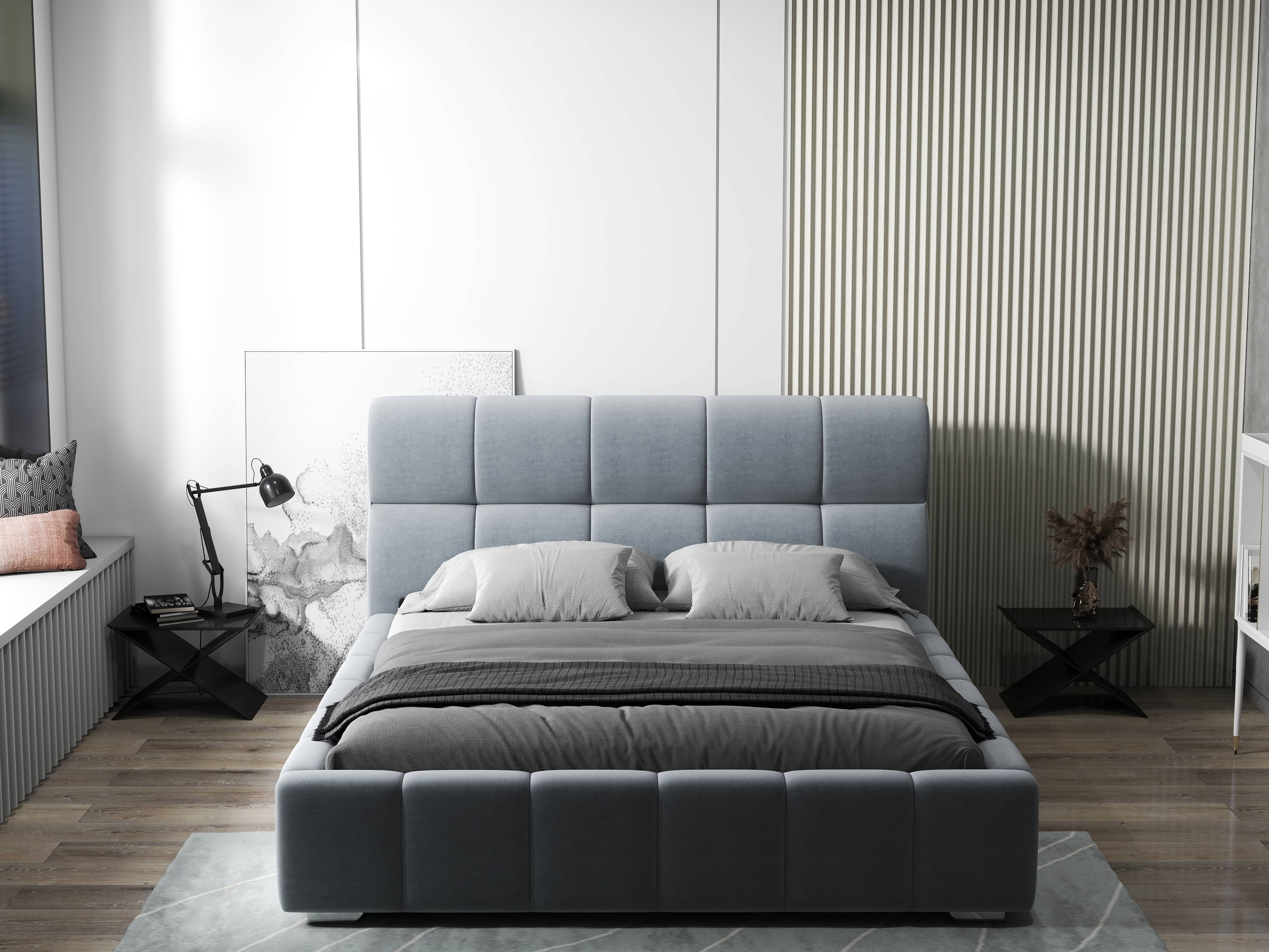 Pat dormitor dumonde, tapitat gri, Prestige 160x200 cm, somiera rabatabila inclusa, spatiu depozitare