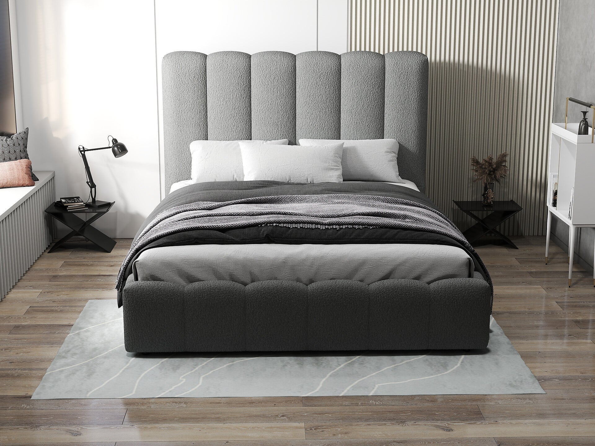 Pat dormitor dumonde, tapitat gri, Milano 140x200 cm, somiera rabatabila inclusa, spatiu depozitare