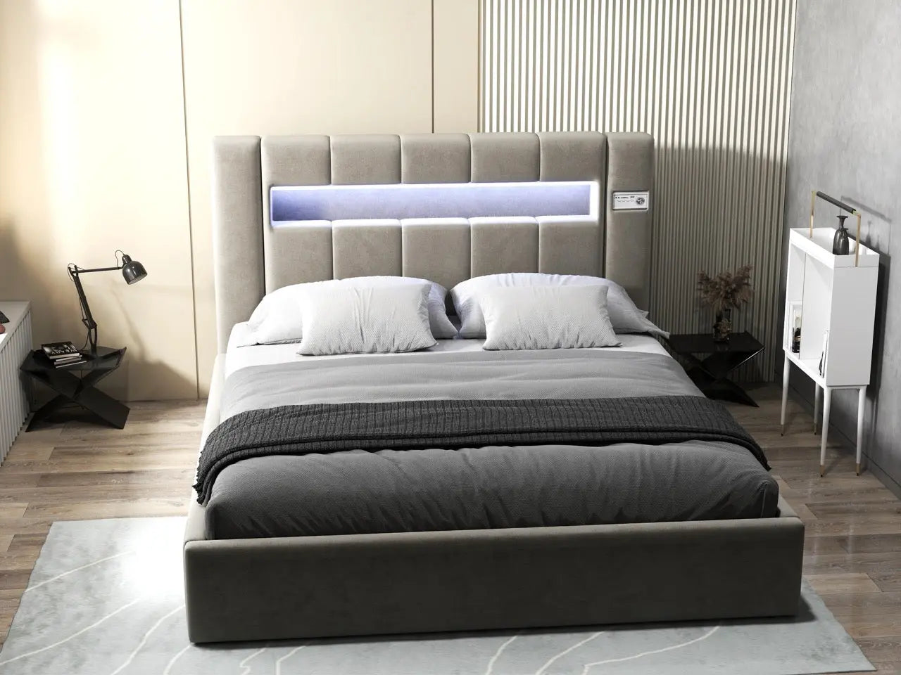 Pat dormitor dumonde, tapitat bej, Glow 180x200 cm, somiera rabatabila inclusa, spatiu depozitare WLS