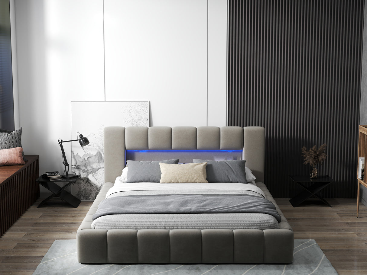 Pat dormitor dumonde, tapitat bej cu LED si USB, Palermo 180x200 cm, somiera rabatabila inclusa, spatiu depozitare