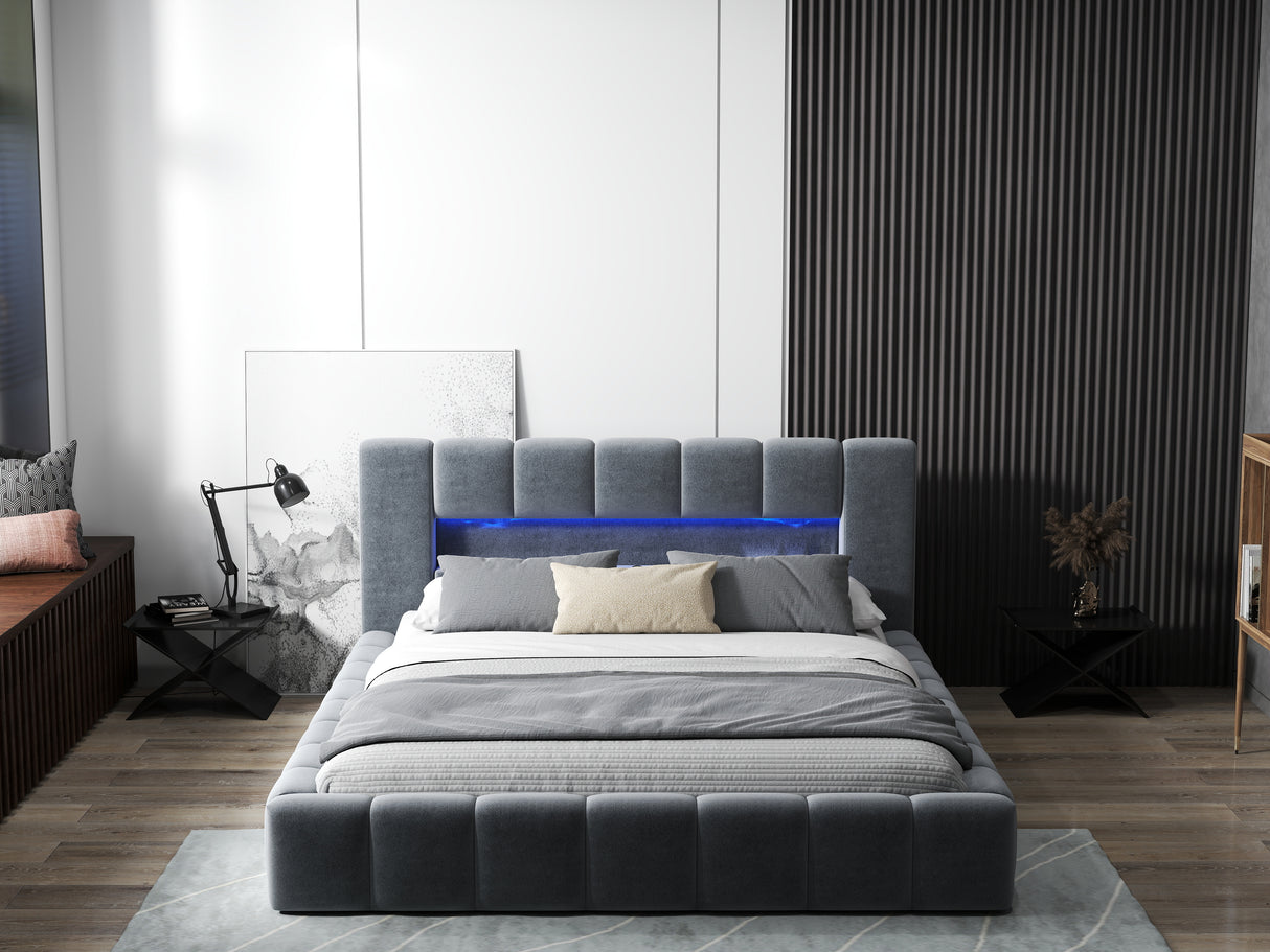 Pat dormitor dumonde, tapitat gri cu LED si USB, Palermo 160x200 cm, somiera rabatabila inclusa, spatiu depozitare
