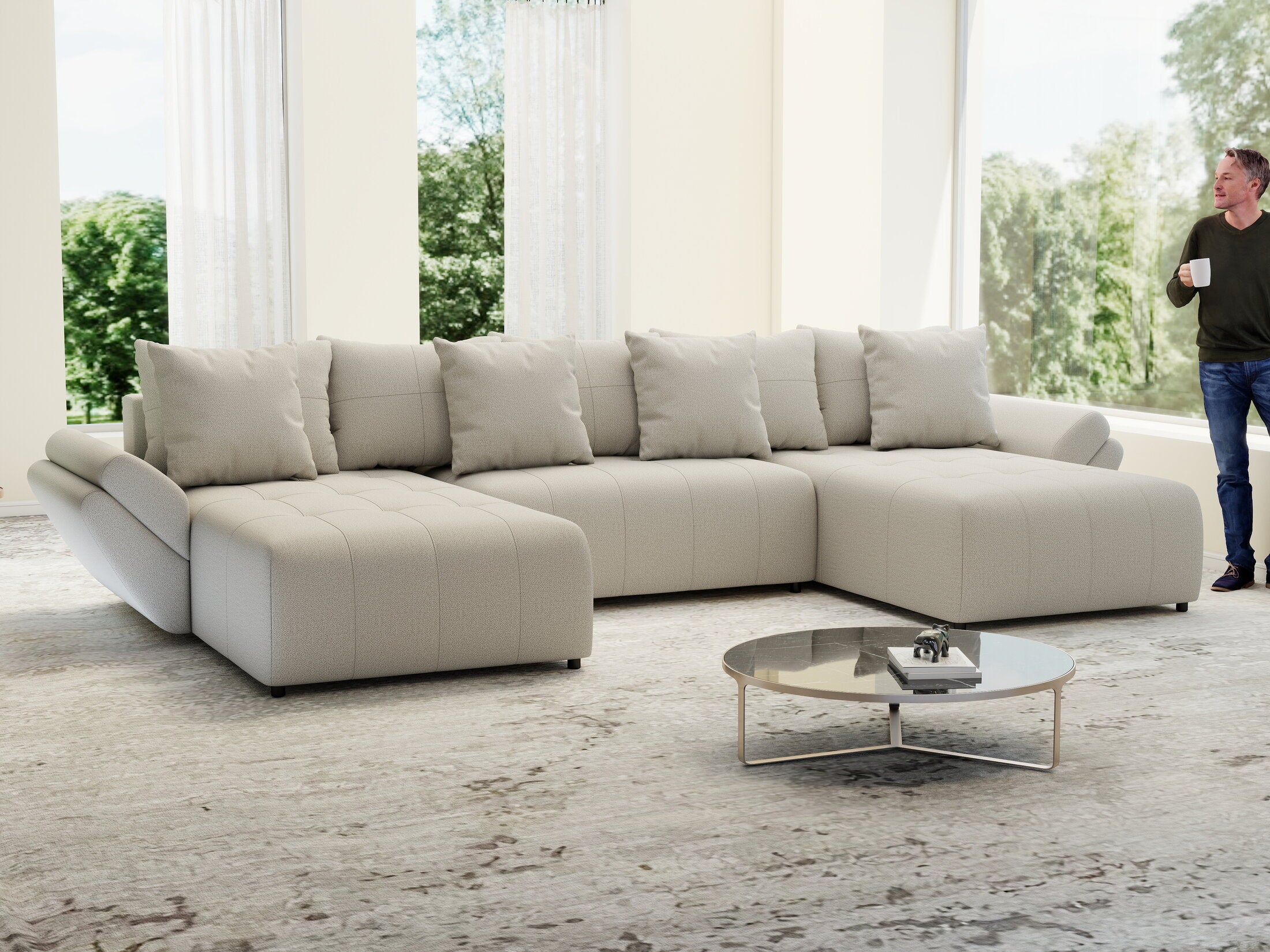 Colțar extensibil dumonde cu ladă de depozitare si sezut confortabil din spuma HR, Berlin U Enjoy Bej 380x180 cm