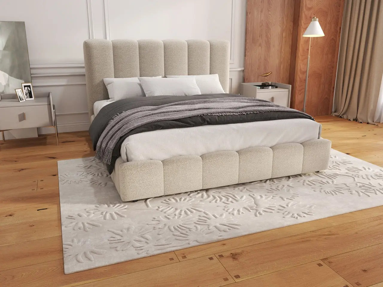 Pat dormitor dumonde, tapitat bej, Milano 180x200 cm, somiera rabatabila inclusa, spatiu depozitare WLS