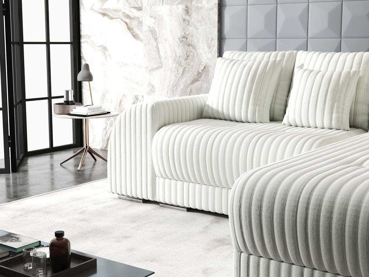 Colțar extensibil dumonde cu ladă de depozitare si sezut confortabil din spuma HR, Verona Ambience Alb II 290x185 cm Fabrica
