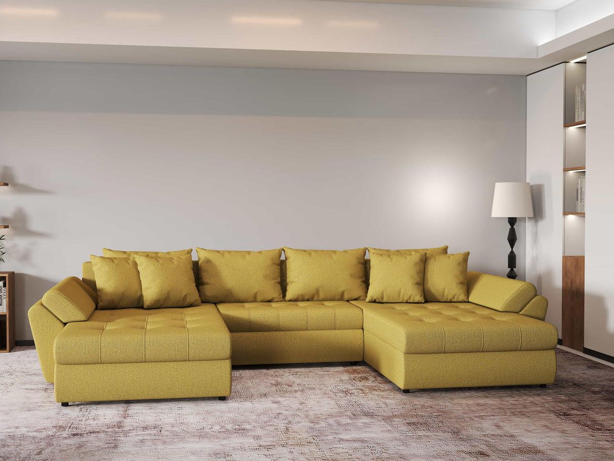 Colțar extensibil dumonde cu ladă de depozitare si sezut confortabil din spuma HR, Loana U Melon 355x185 cm Fabrica