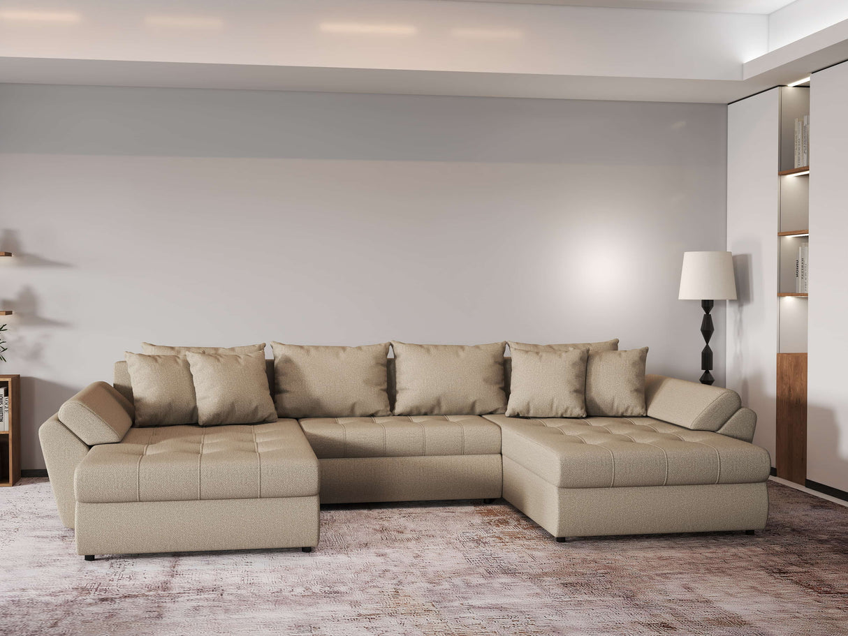 Colțar extensibil dumonde cu ladă de depozitare si sezut confortabil din spuma HR, Loana Bej U 355x185 cm Fabrica