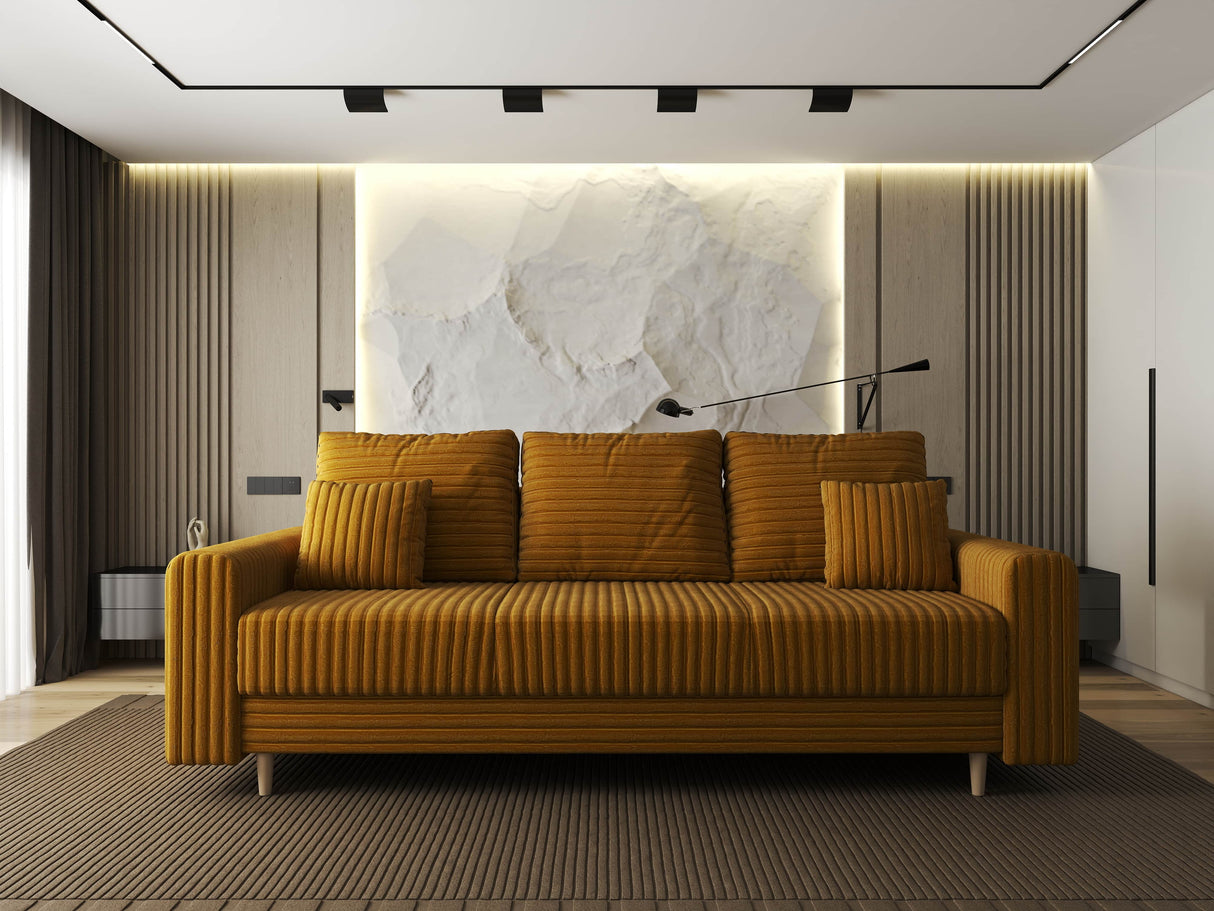 Canapea extensibilă dumonde cu ladă de depozitare si sezut confortabil din spuma HR, Kronos Ambience Mustar 210x100 cm fabrica