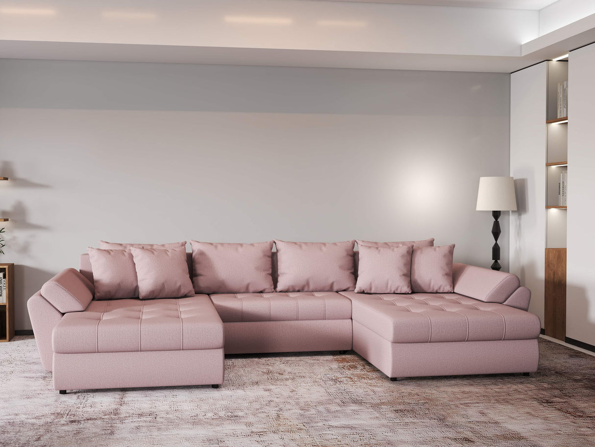 Colțar extensibil dumonde cu ladă de depozitare si sezut confortabil din spuma HR, Loana Enjoy Roz U 355x185 cm Fabrica