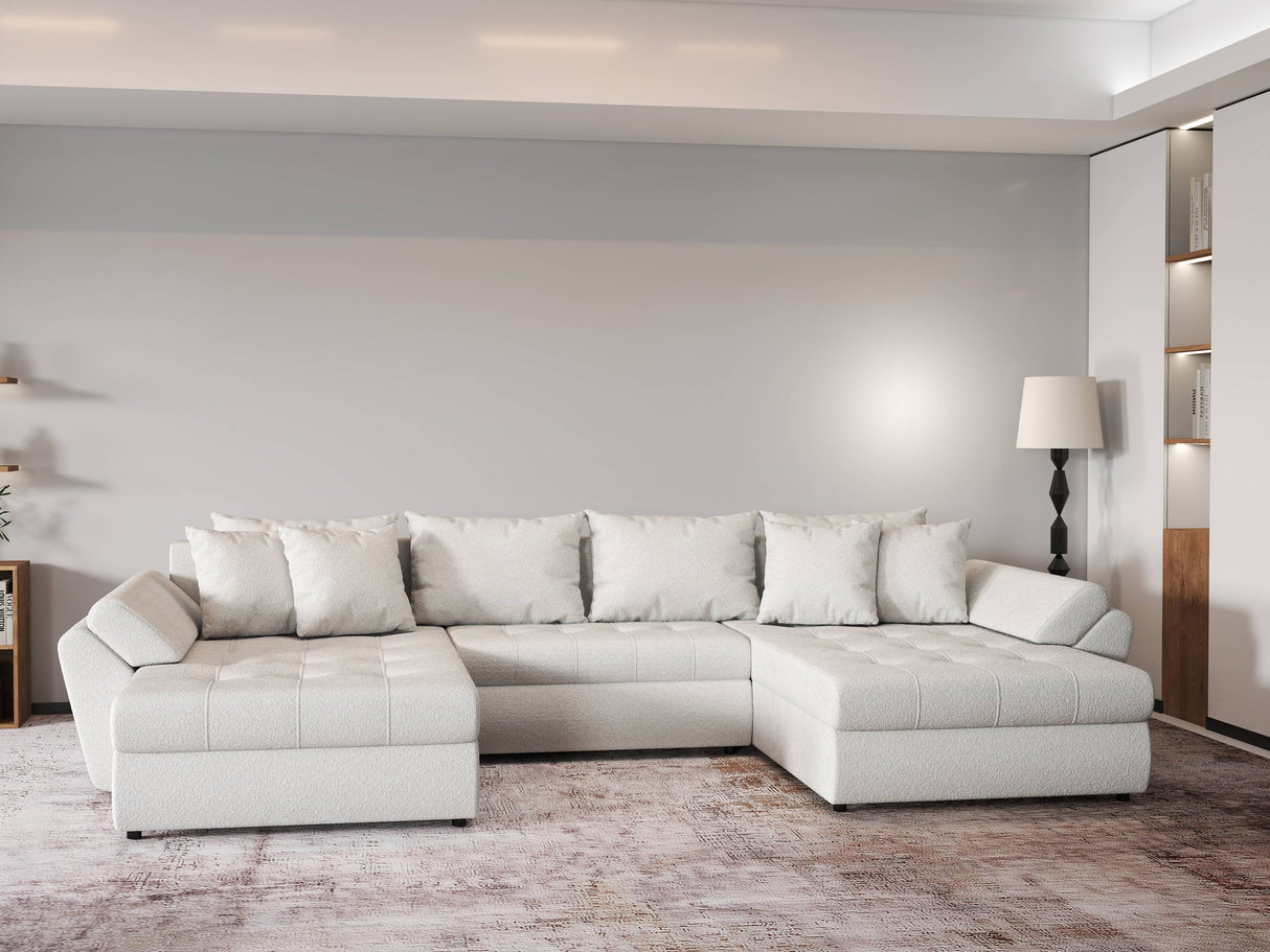 Colțar extensibil dumonde cu ladă de depozitare si sezut confortabil din spuma HR, Loana U Bej Euphoria 355x185 cm Fabrica