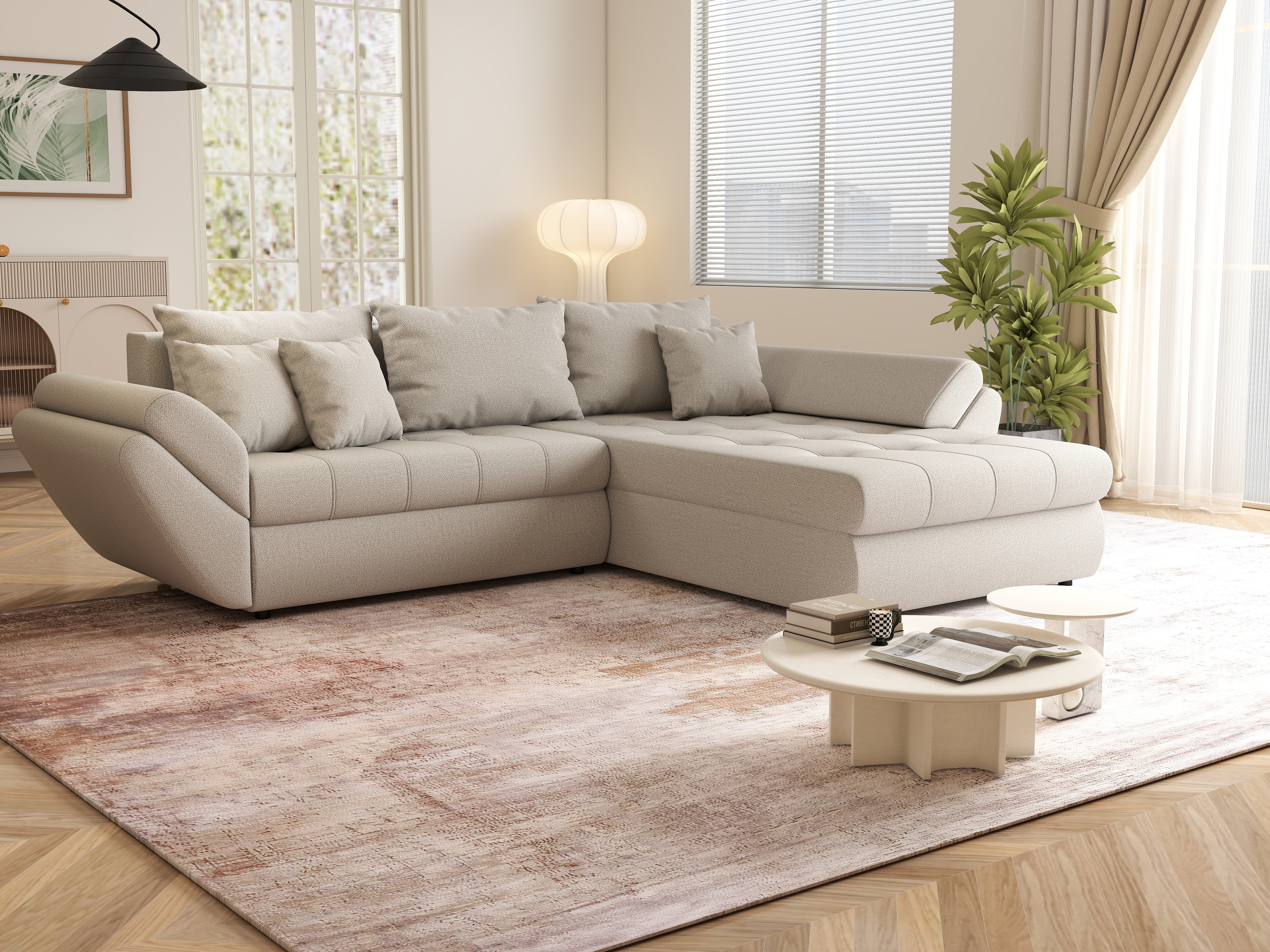 Colțar extensibil dumonde cu ladă de depozitare si sezut confortabil din spuma HR, Loana Bej II 270x185 cm Fabrica