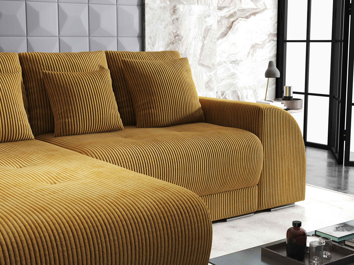 Colțar extensibil dumonde cu ladă de depozitare si sezut confortabil din spuma HR, Verona Zoom Mustar 290x185 cm Fabrica