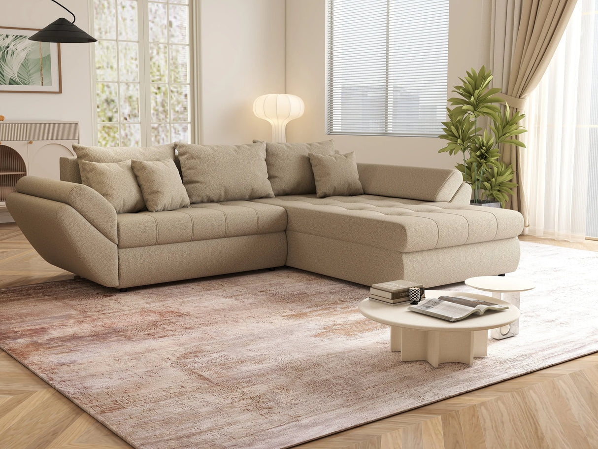Colțar extensibil dumonde cu ladă de depozitare si sezut confortabil din spuma HR, Loana Camel II 270x185 cm Fabrica