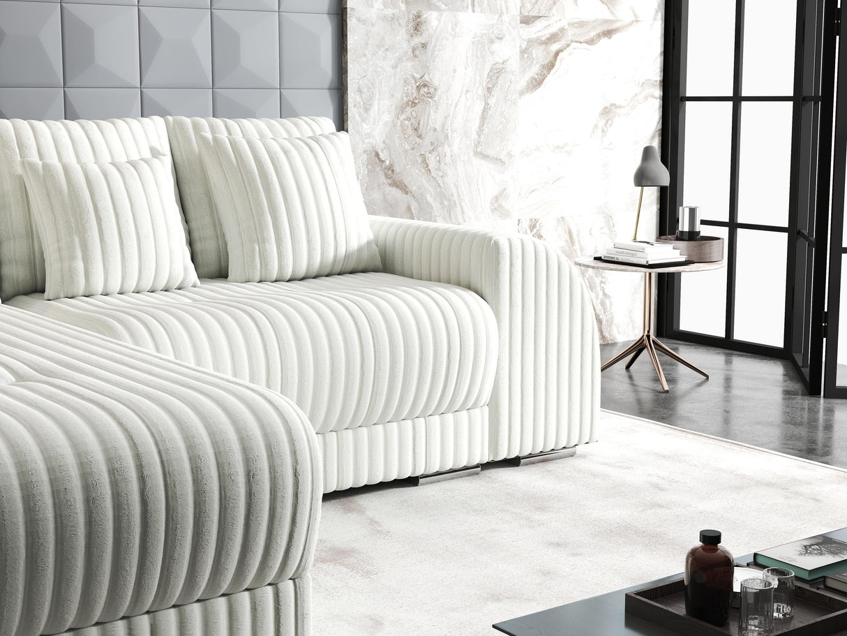 Colțar extensibil dumonde cu ladă de depozitare si sezut confortabil din spuma HR, Verona Ambience Alb 290x185 cm Fabrica