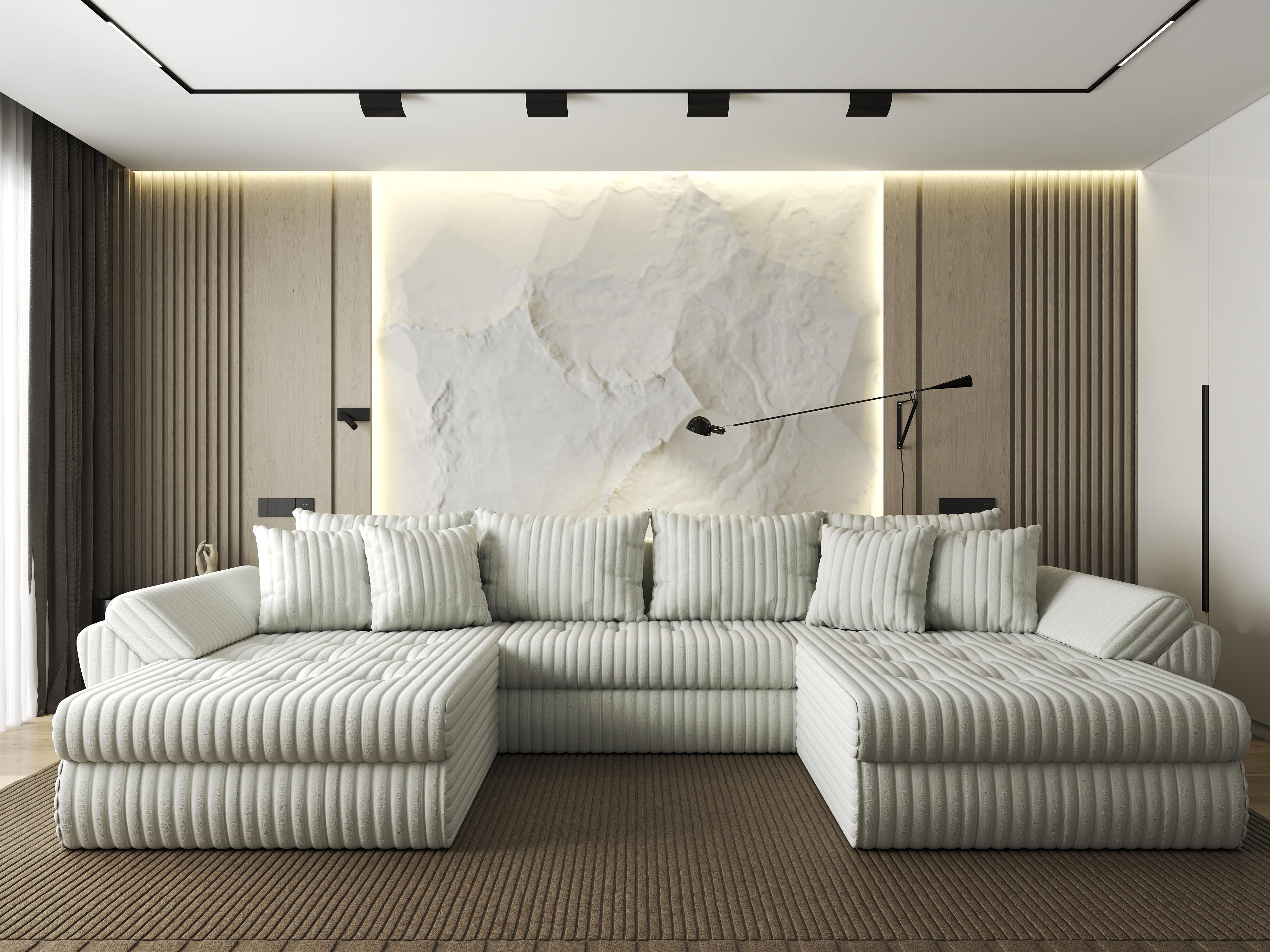Colțar extensibil dumonde cu ladă de depozitare si sezut confortabil din spuma HR, Loana U Bej Ambience 355x185 cm Fabrica