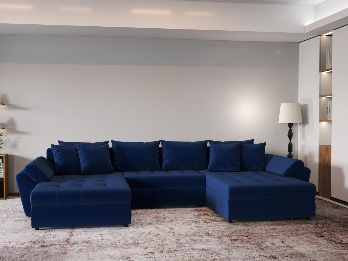 Colțar extensibil dumonde cu ladă de depozitare si sezut confortabil din spuma HR, Loana Royal Albastru U 355x185 cm Fabrica