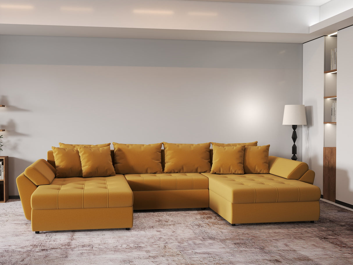 Colțar extensibil dumonde cu ladă de depozitare si sezut confortabil din spuma HR, Loana Royal Mustar U 355x185 cm Fabrica