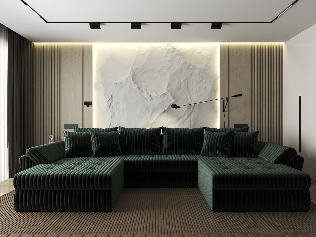 Colțar extensibil dumonde cu ladă de depozitare si sezut confortabil din spuma HR, Loana U Verde Ambience 355x185 cm Fabrica